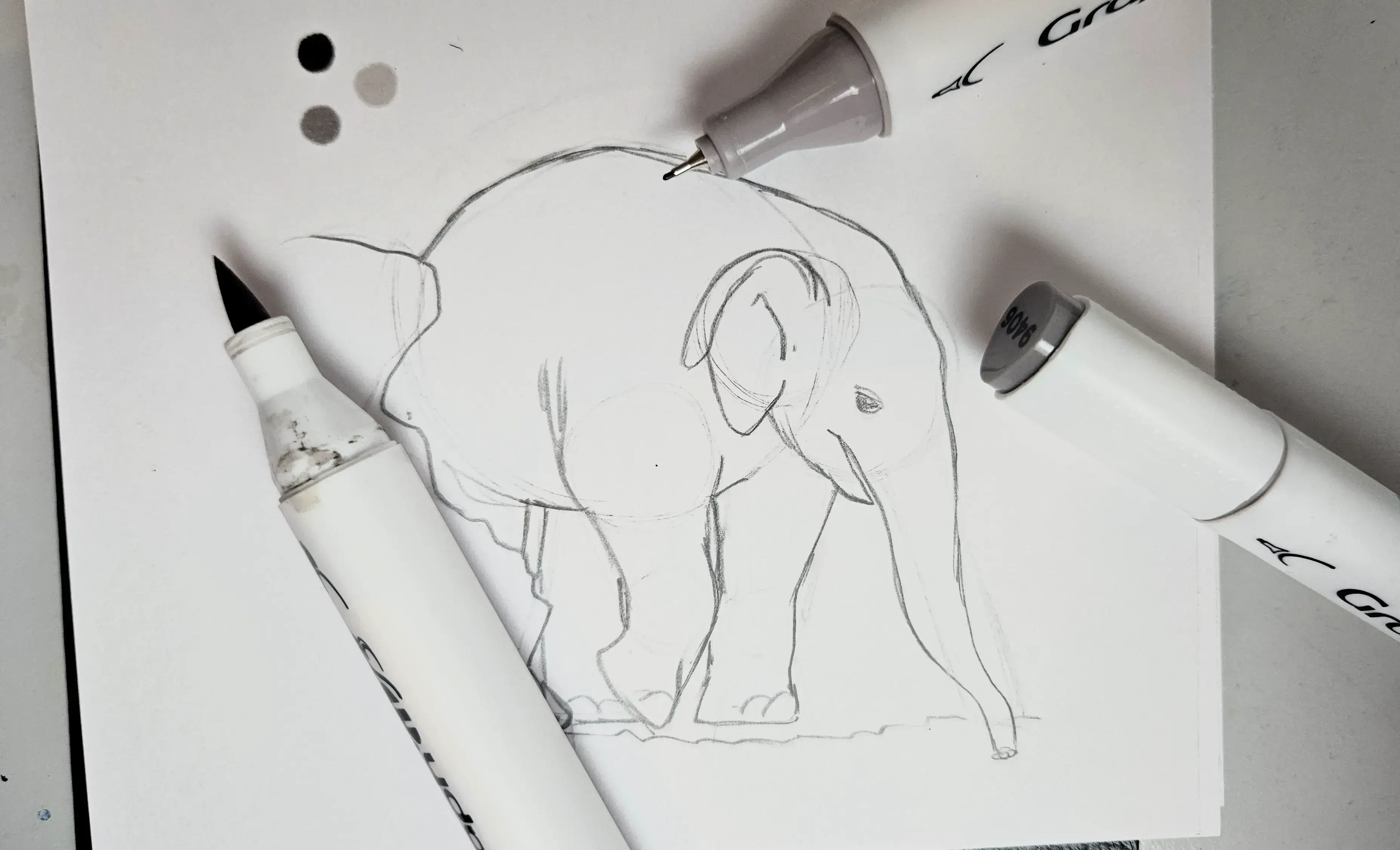 les couleurs pour dessiner un éléphanteau aux feutres à alcool