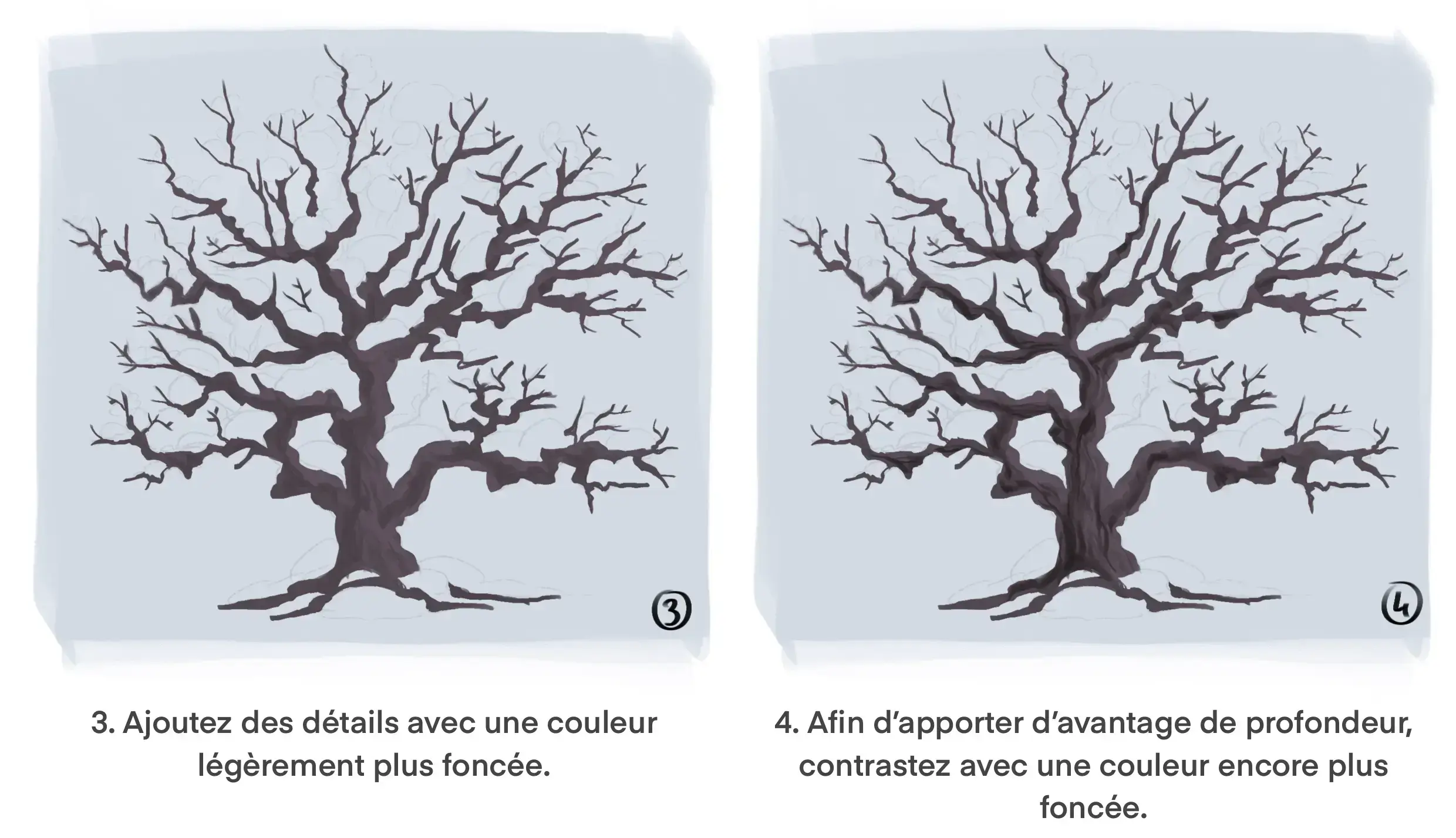 dessiner les couleurs d’un arbre enneigé