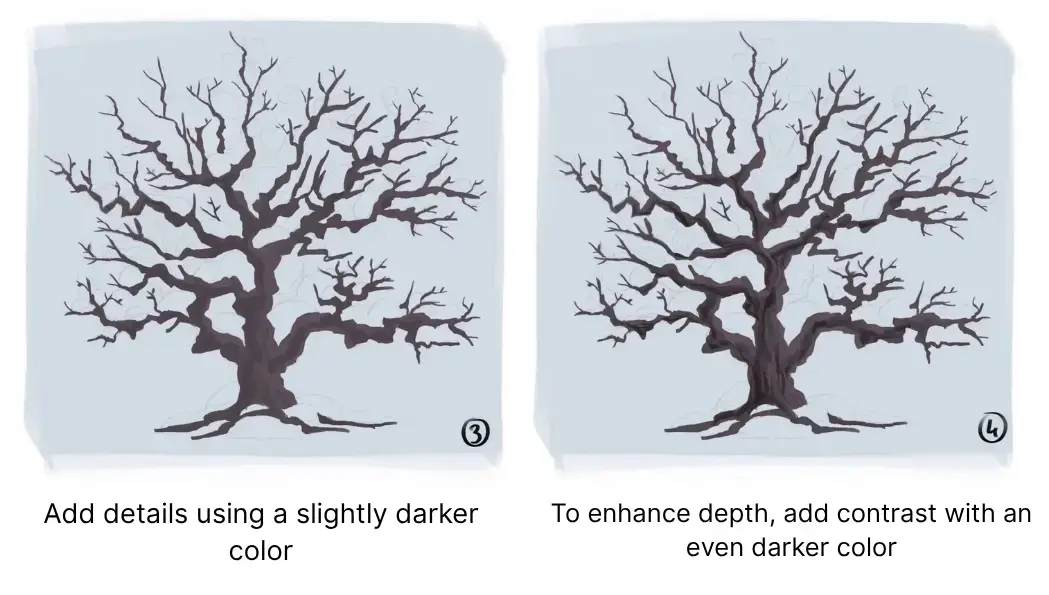 colored drawing of a snowy tree