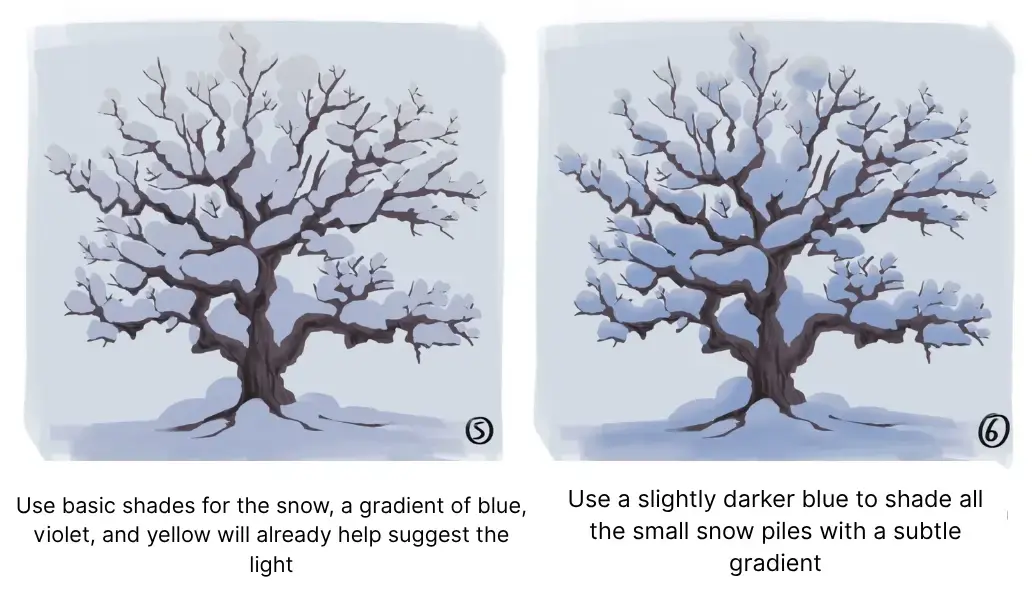 drawing of a snowy tree with added shadows