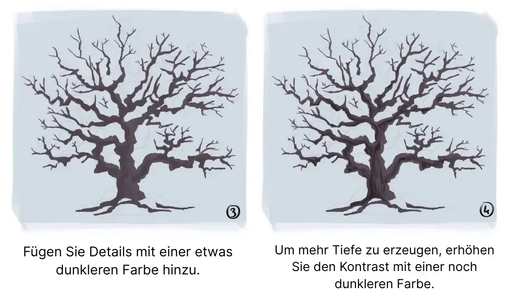die Farben eines verschneiten Baumes zeichnen