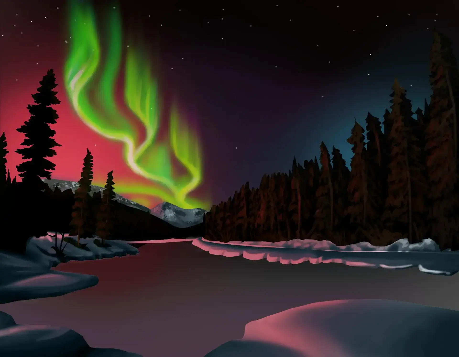 dessiner les reflets des aurores boréales