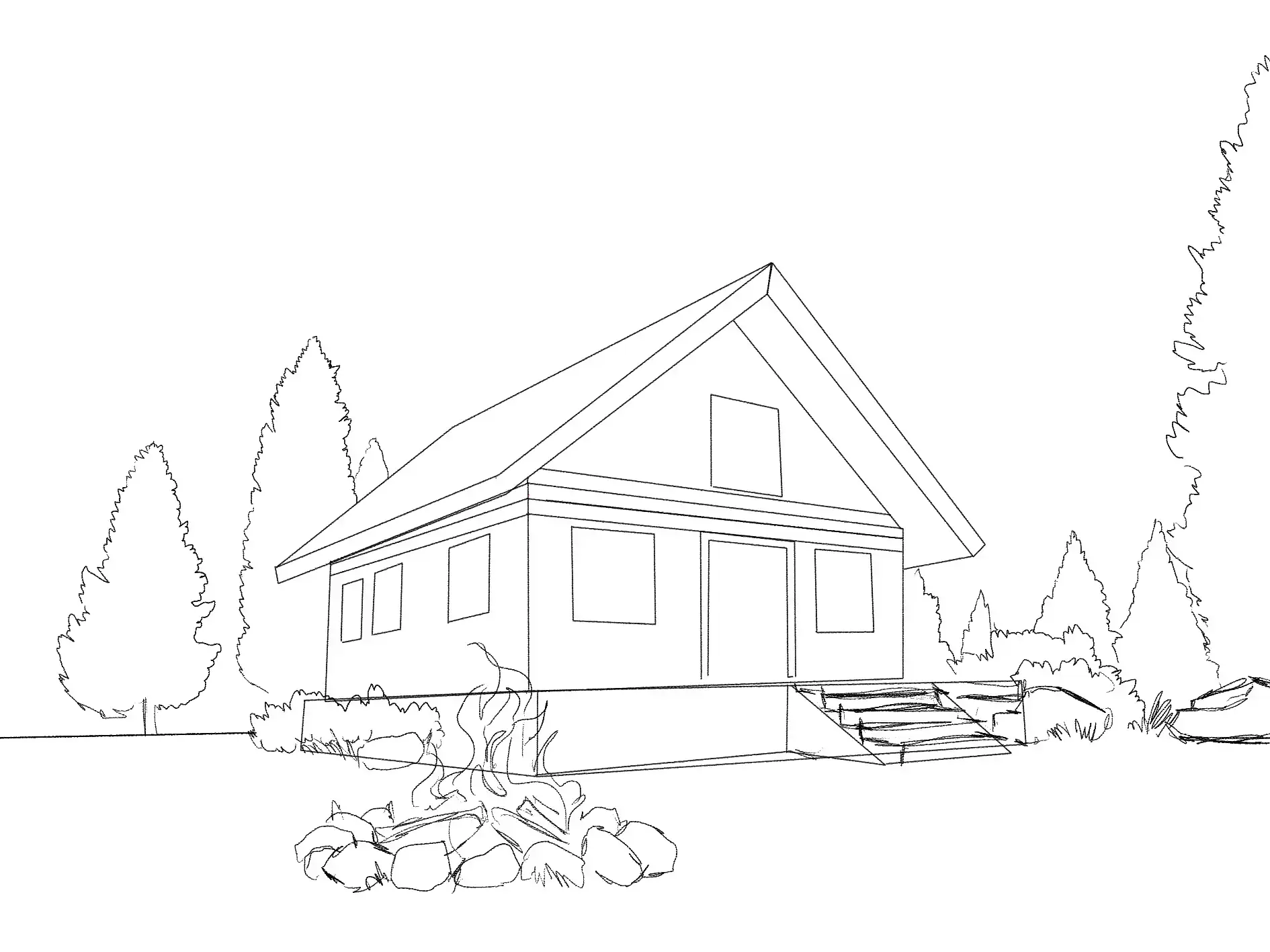 dessiner les arbres autour d’un chalet de montagne