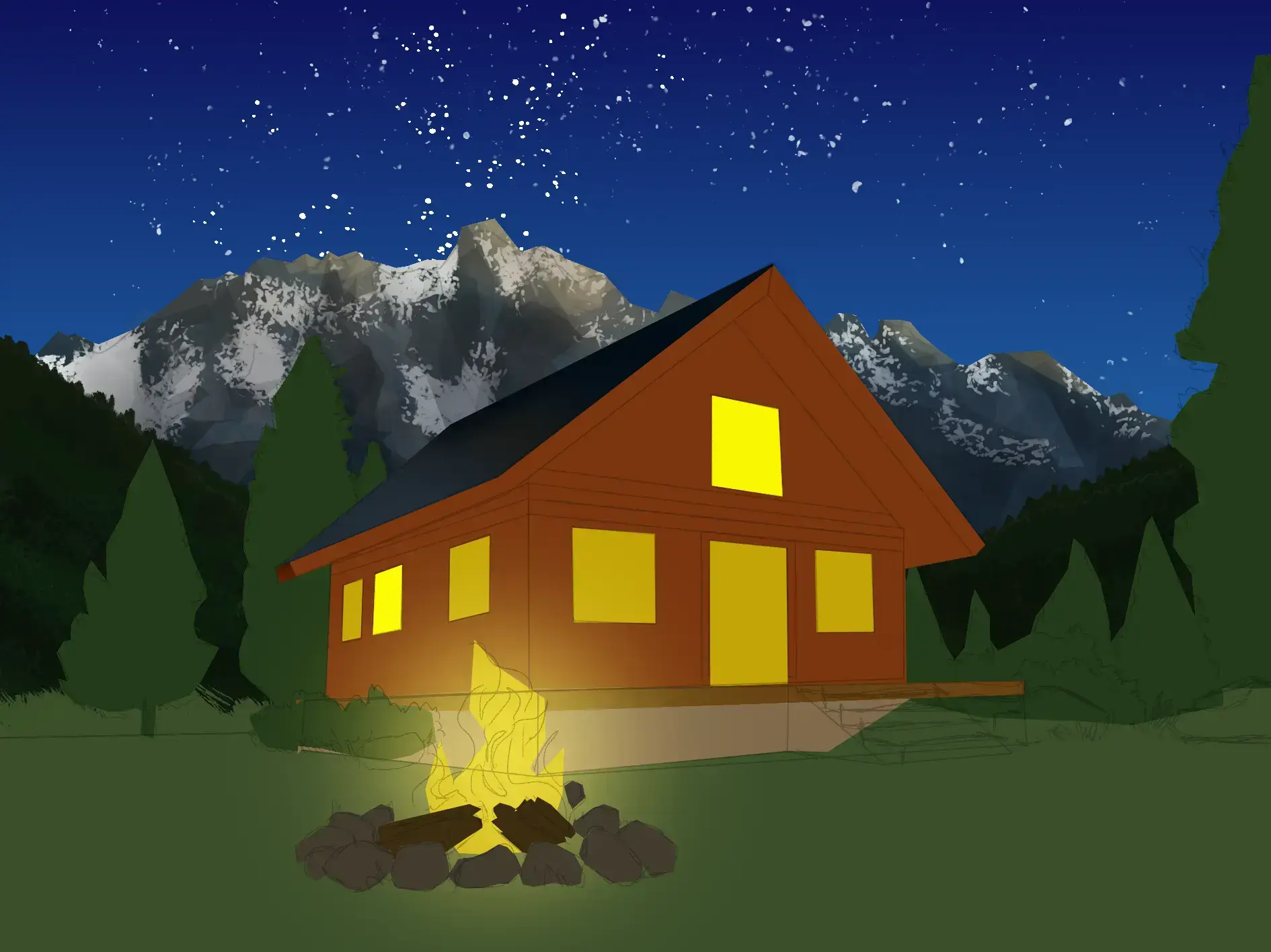 dessiner l’arrière plan d’un chalet de montagne