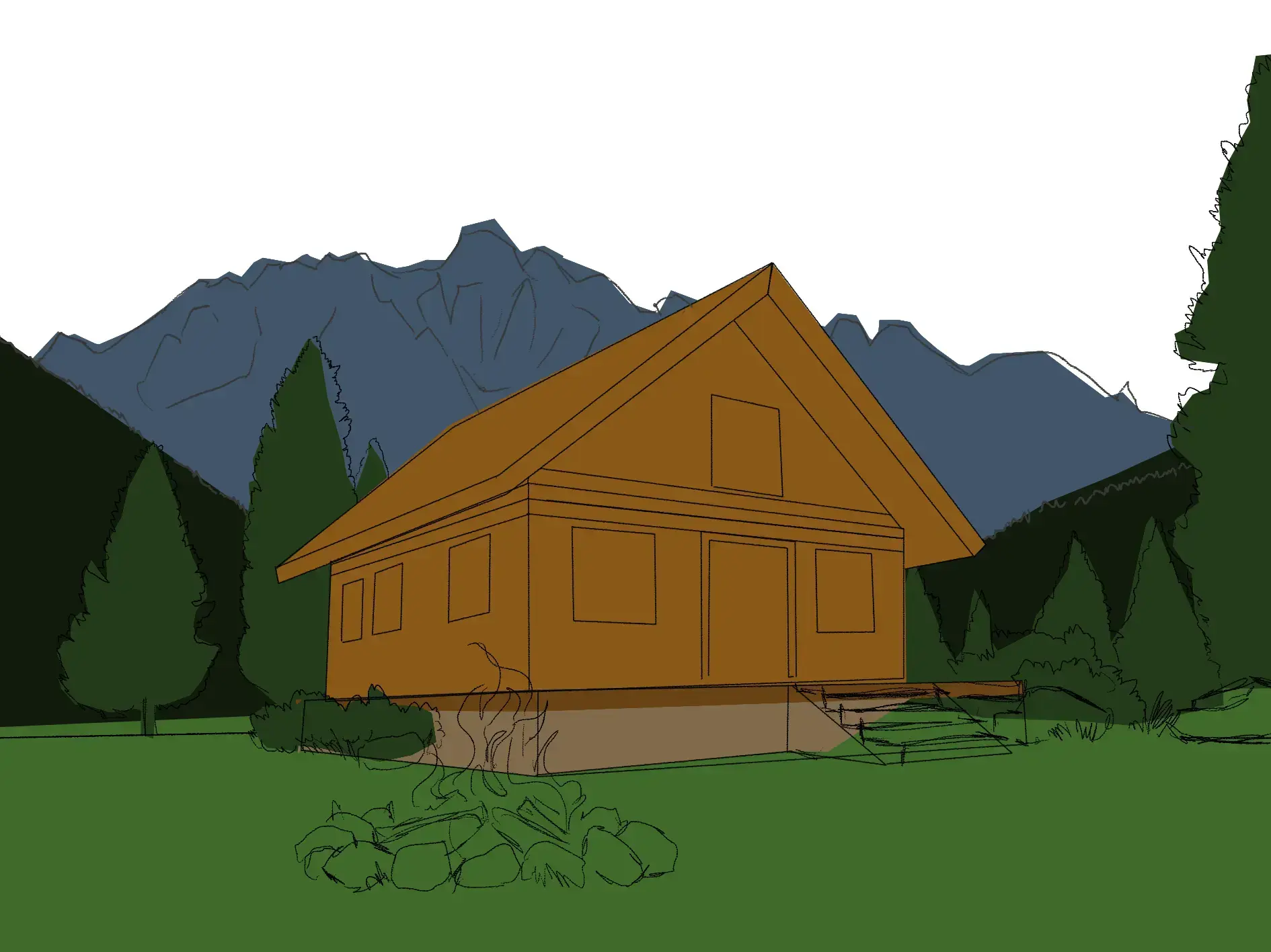 dessiner les collines autour d’un chalet de montagne