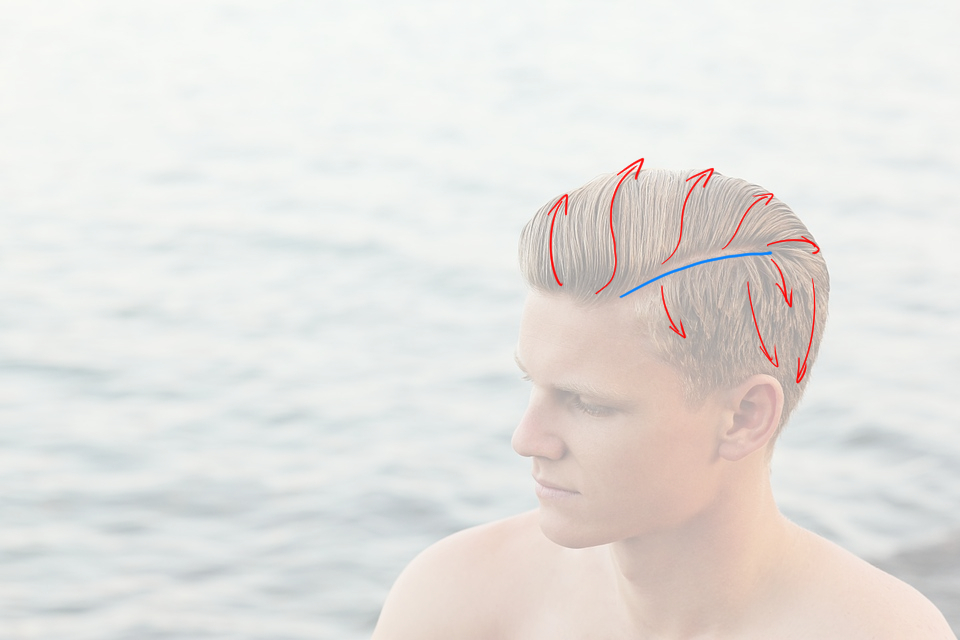 diagram of the movement of short, slicked back men's hair with a side part
