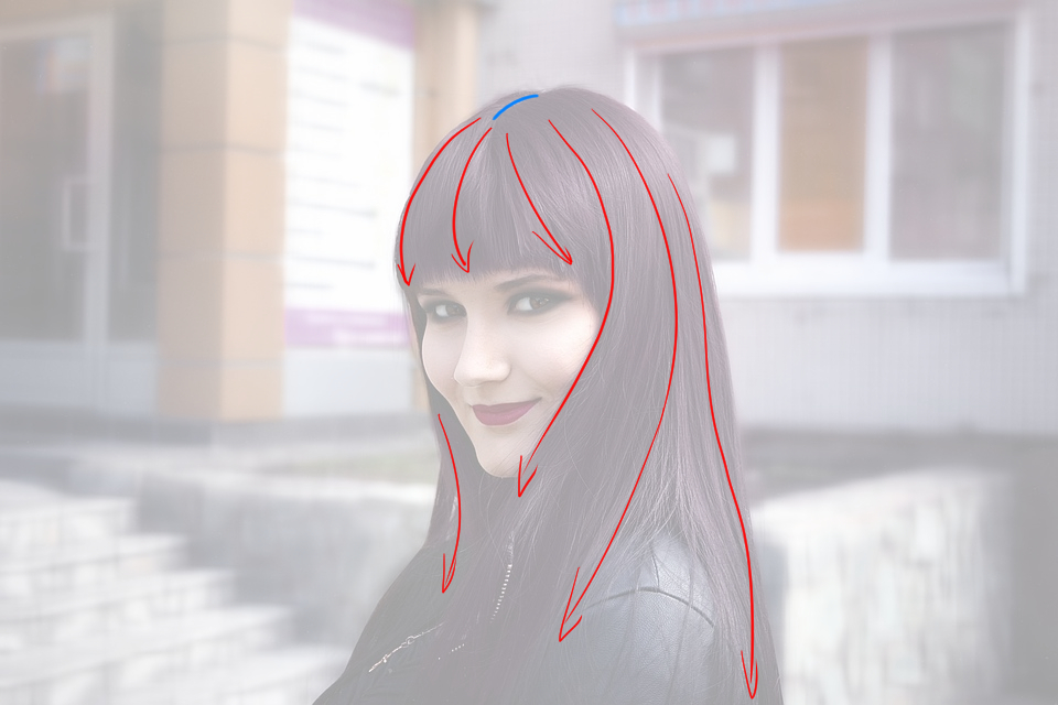 Diagram of the movement of long, straight hair