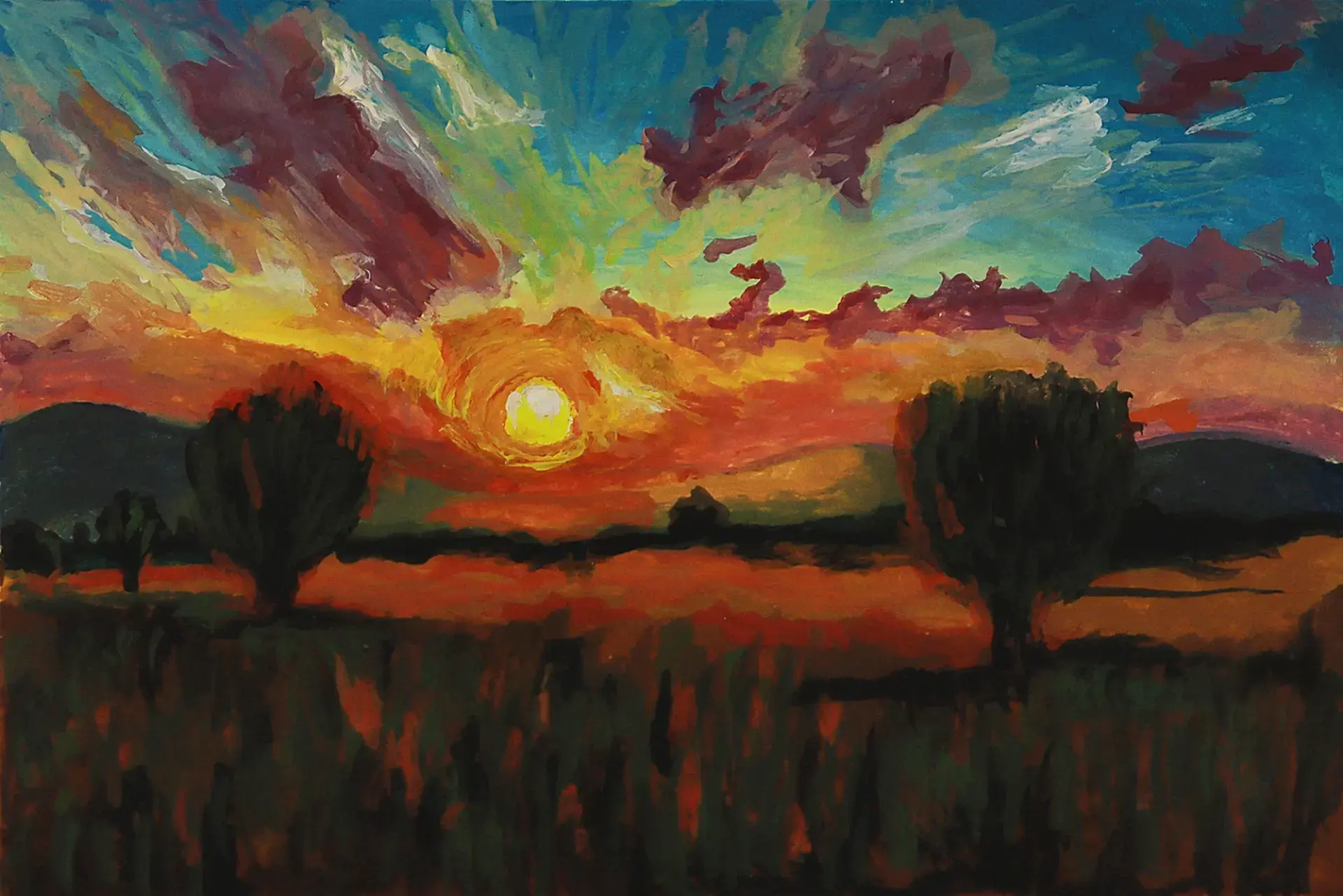 pintar los árboles durante una puesta de sol con acrílico