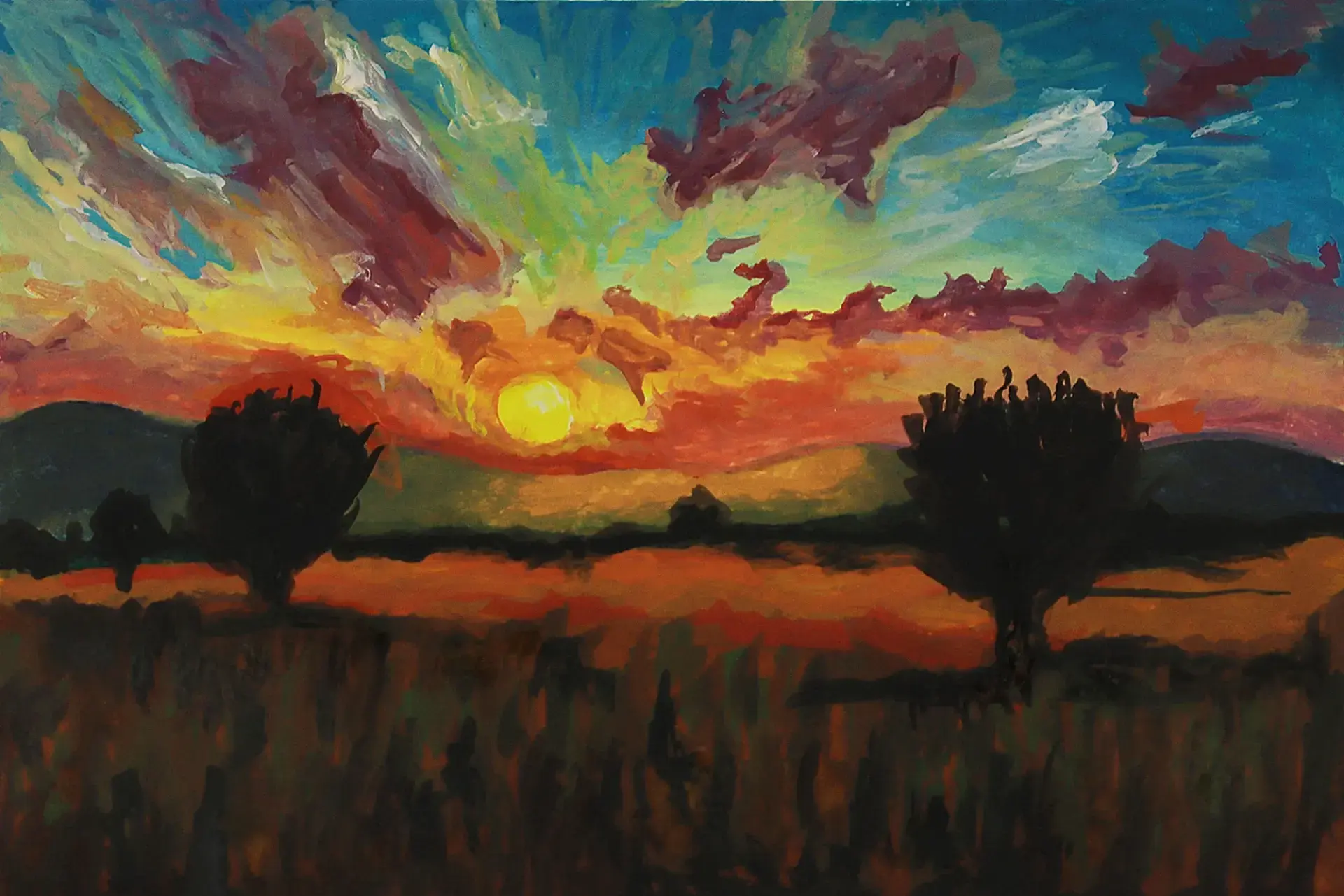 pintar la vegetación bajo una puesta de sol con acrílico