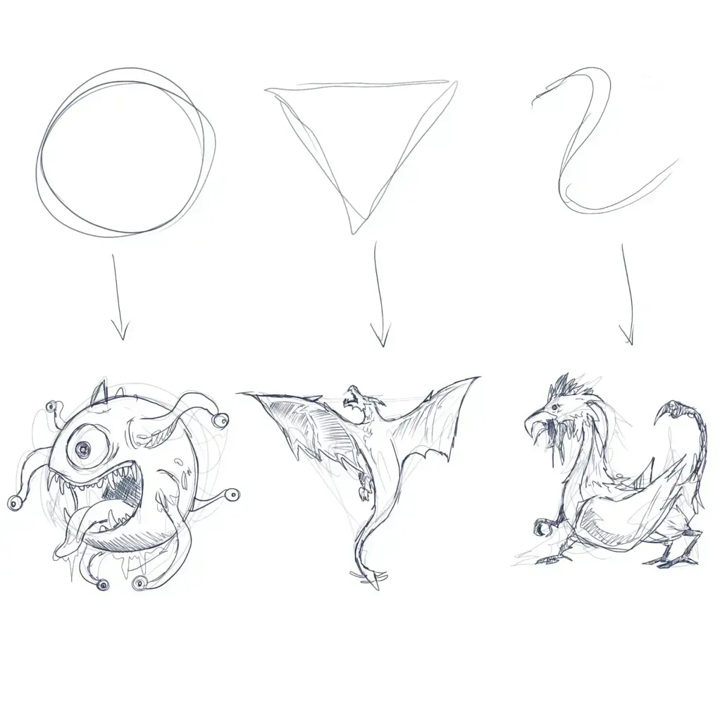 croquis de créatures fantastiques