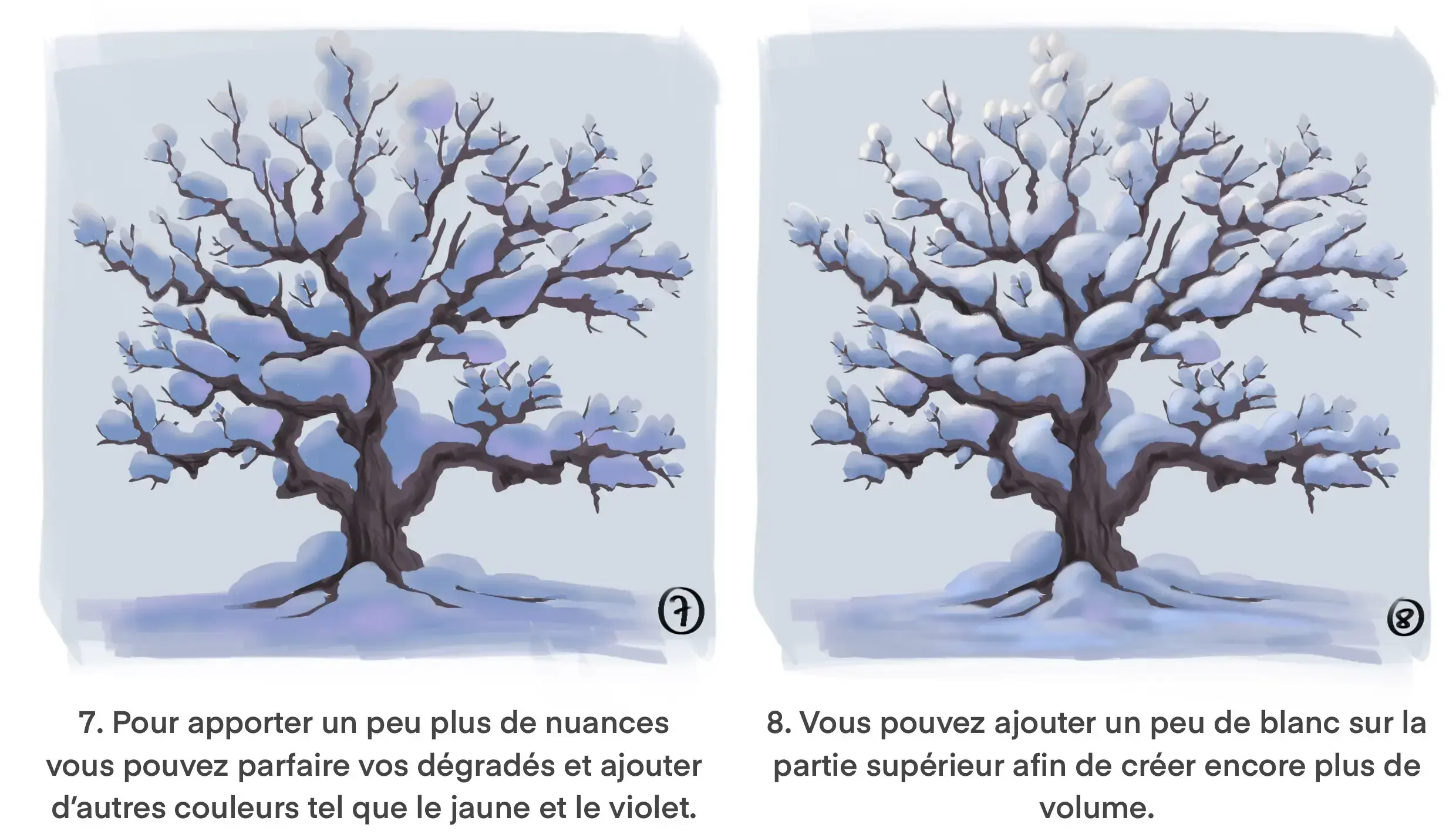 dessin d’un arbre enneigé