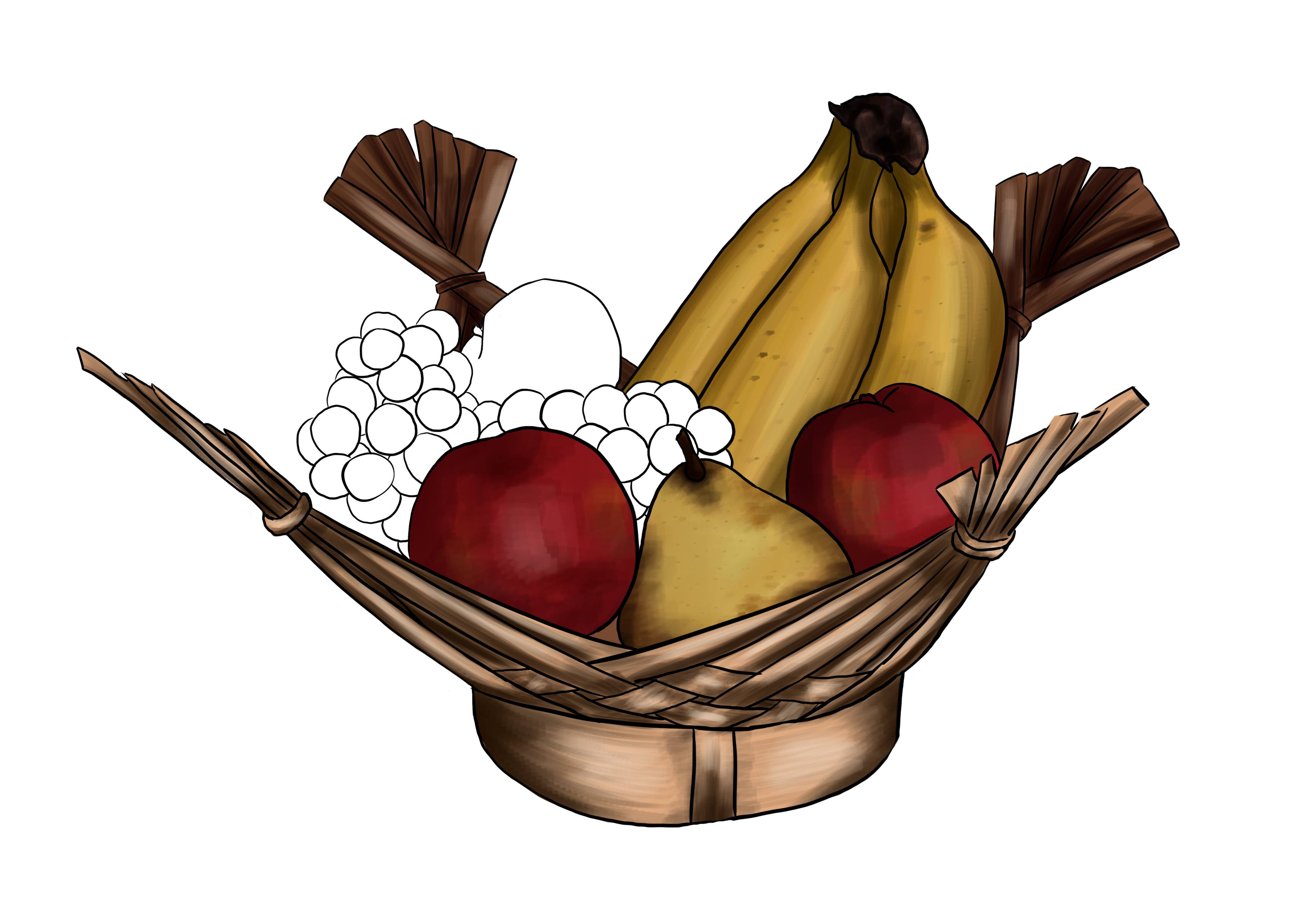 observational drawing of a fruit basket with shadows on the bananas