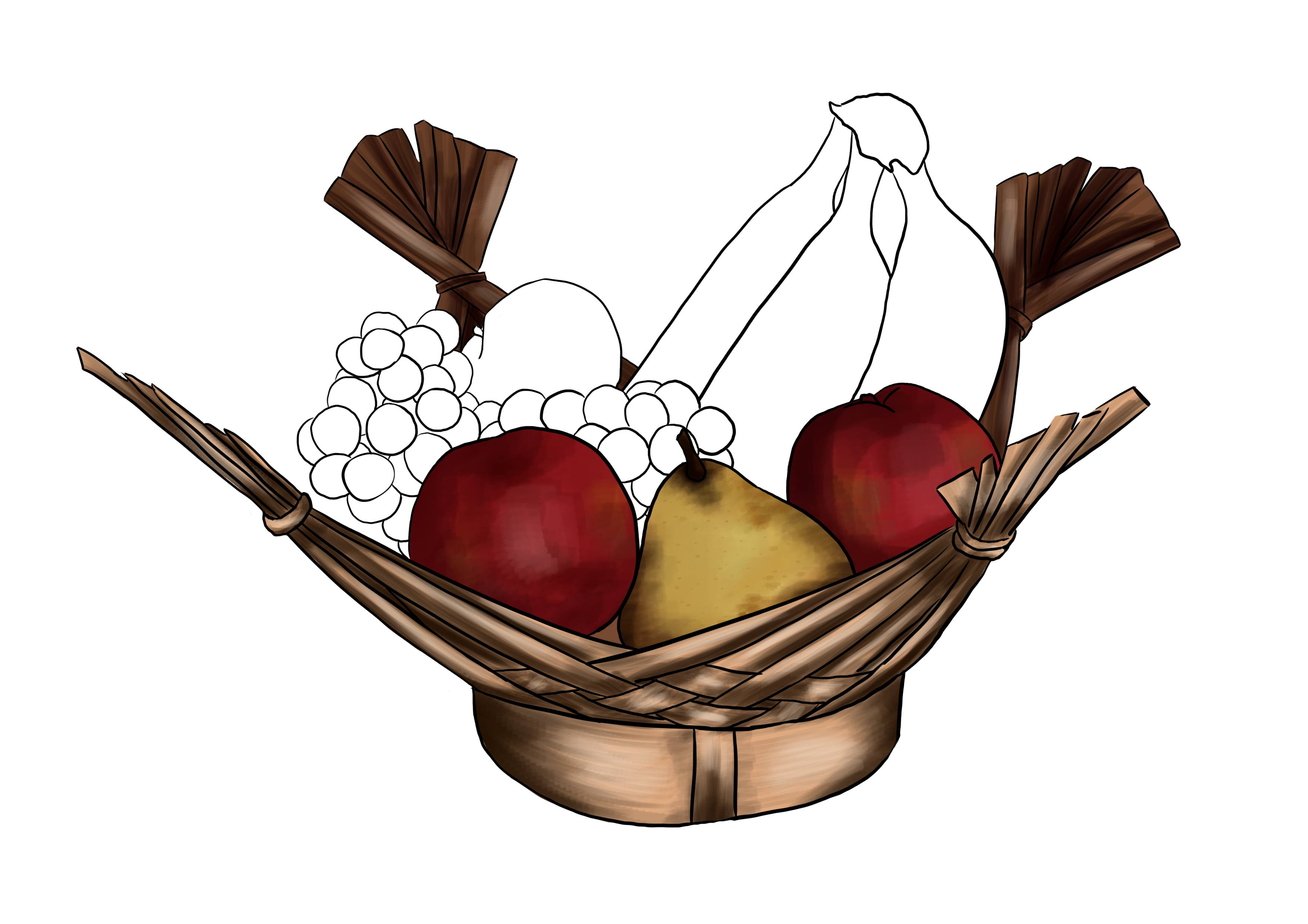 observational drawing of a fruit basket with shadows on the pear