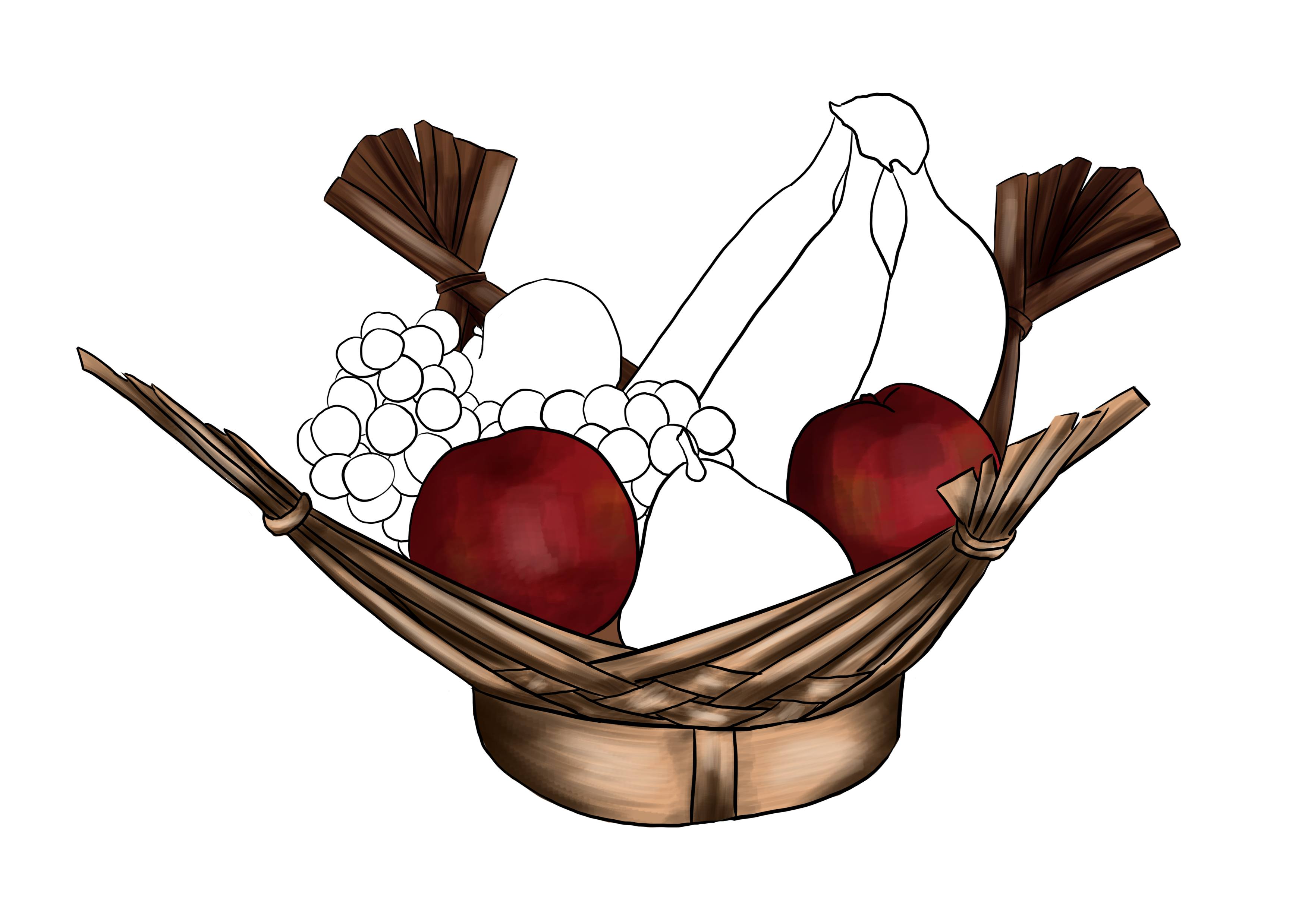 observational drawing of a fruit basket with shadows on the apples