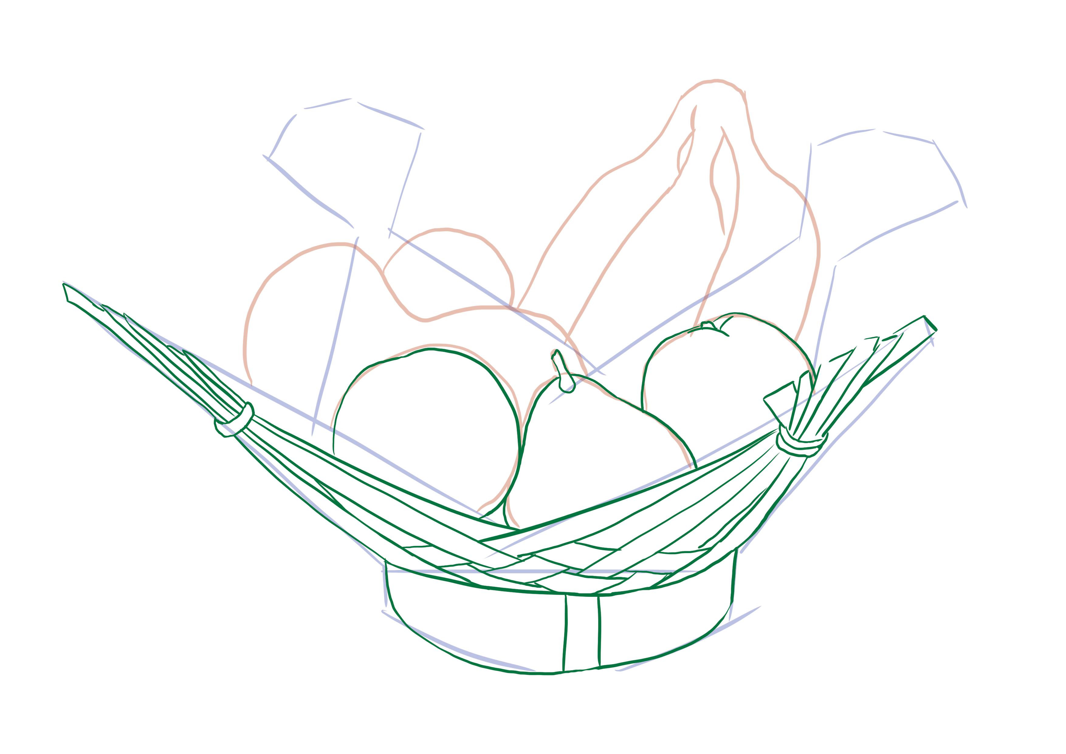 observational drawing of a fruit basket with apples and a pear
