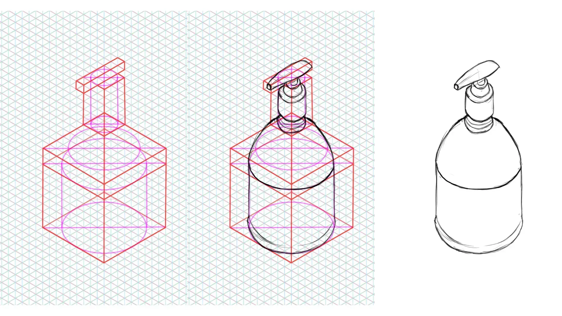 dessiner facilement un flacon de savon liquide en perspective