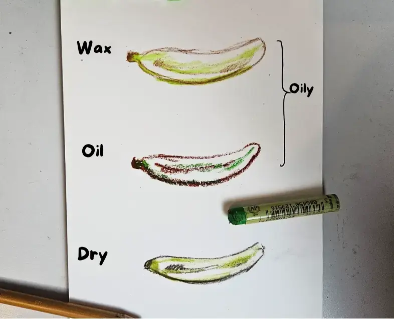 Comparative drawing of a banana with dry and oil pastels