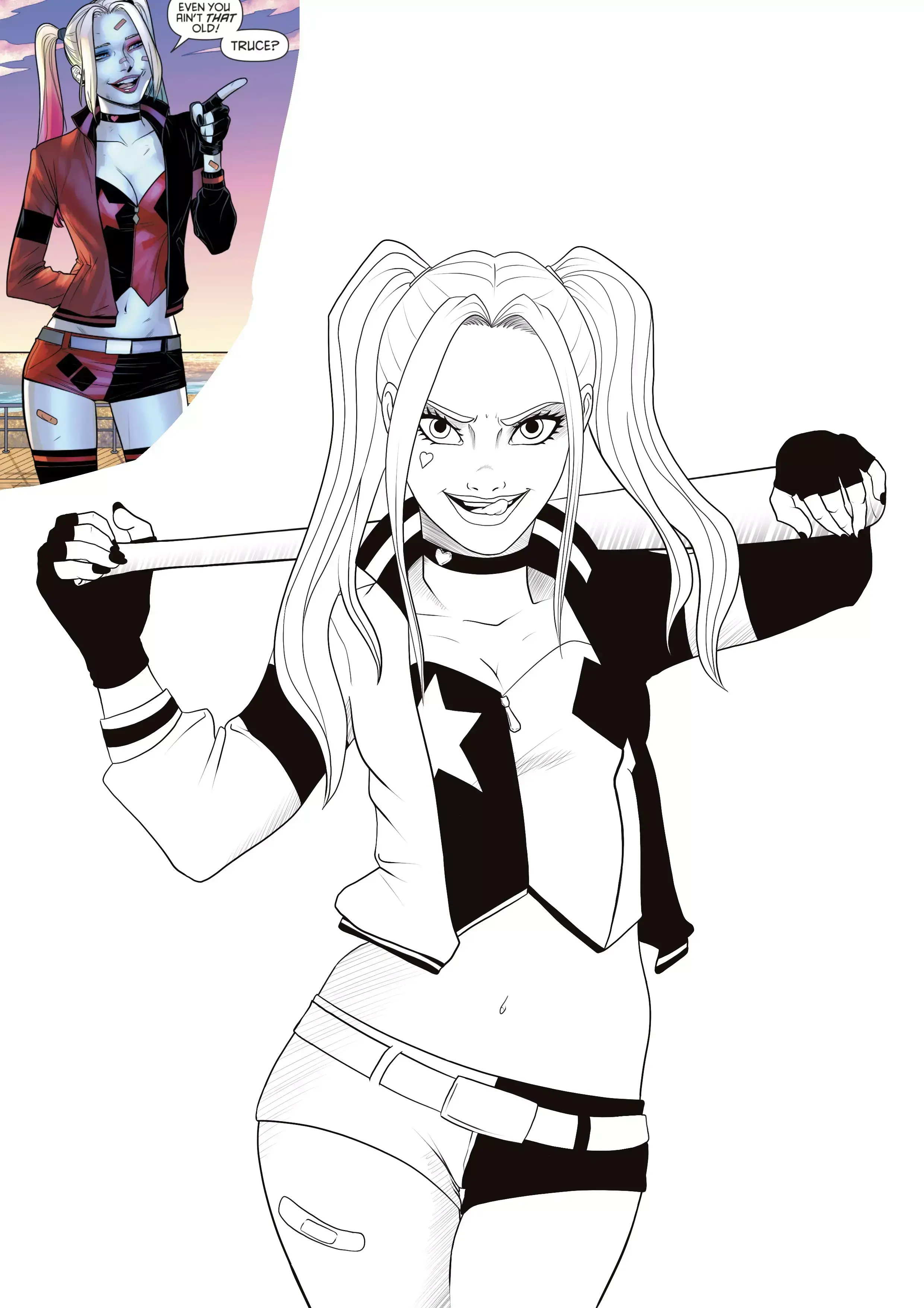 dibujo de Harley Quinn en blanco y negro