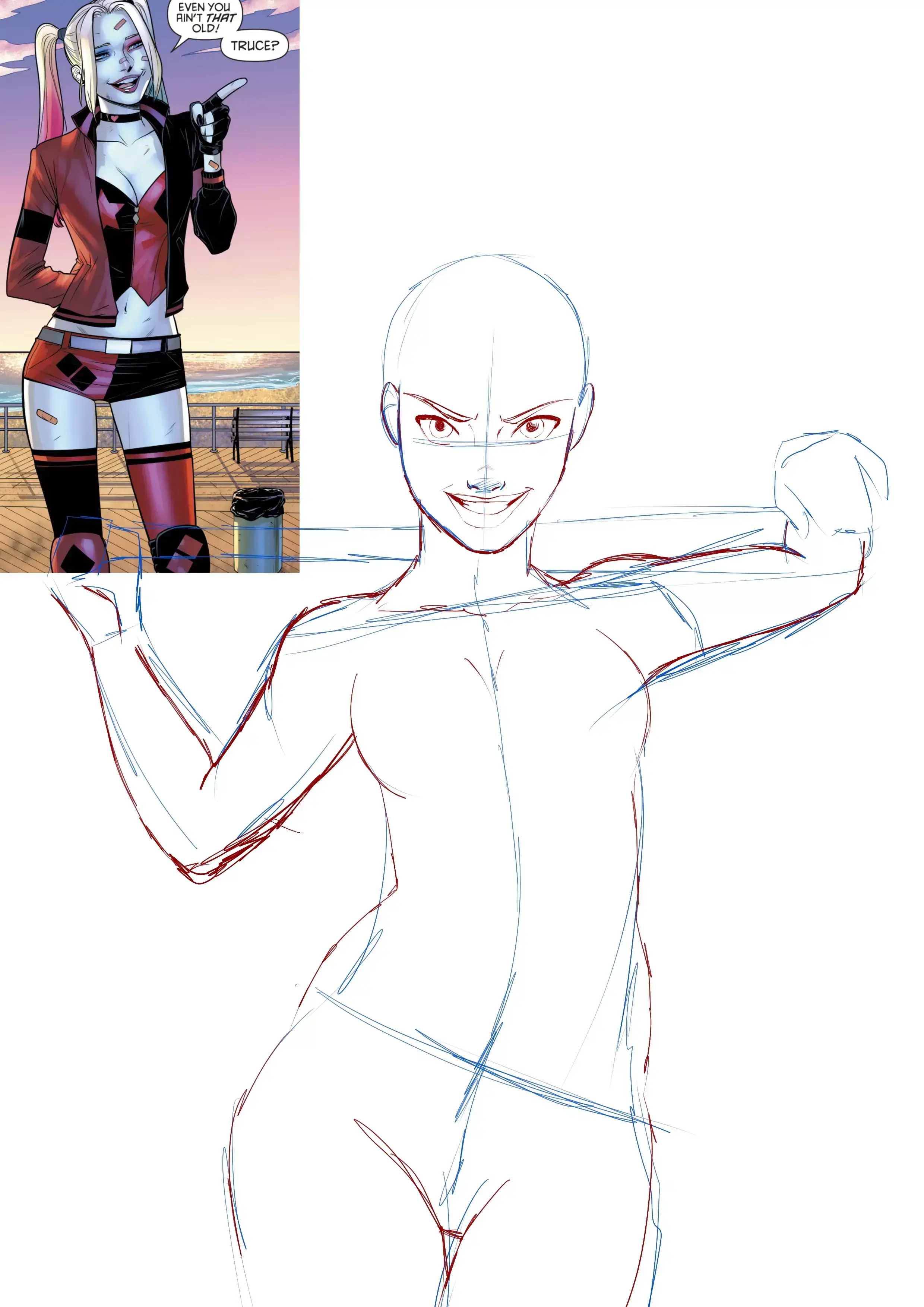 dibujo del rostro y cuerpo de Harley Quinn