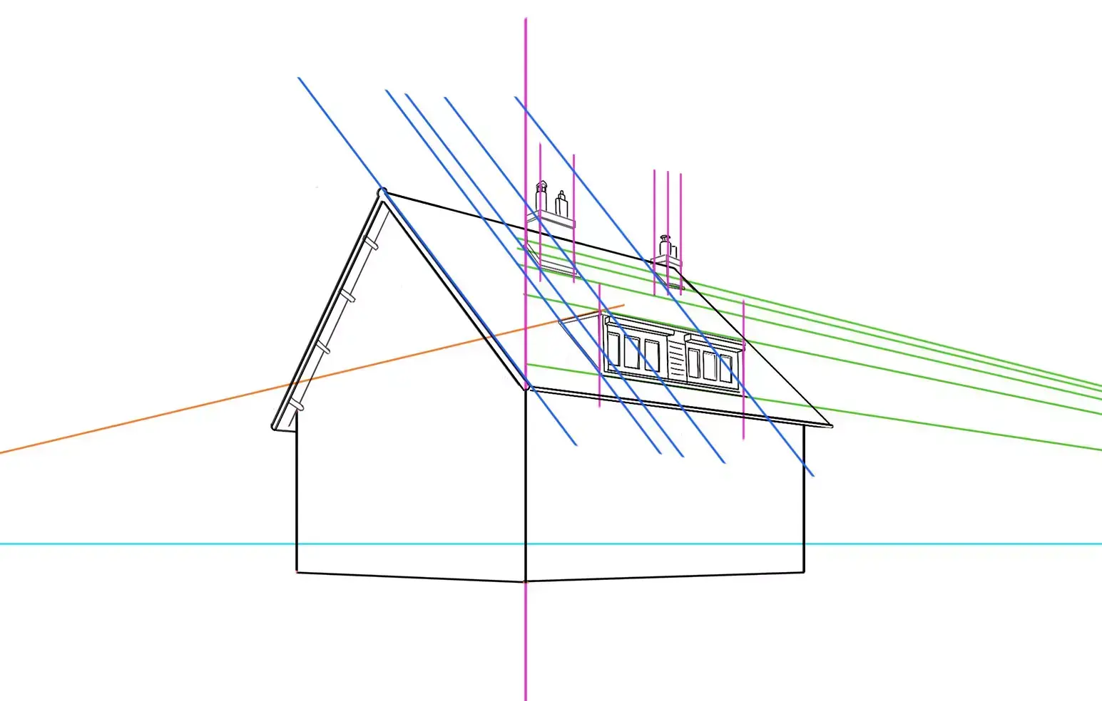 dibujo de las chimeneas y de las ventanas de una casa