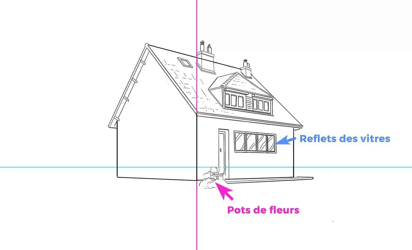 dibujo de los reflejos de las ventanas de una casa