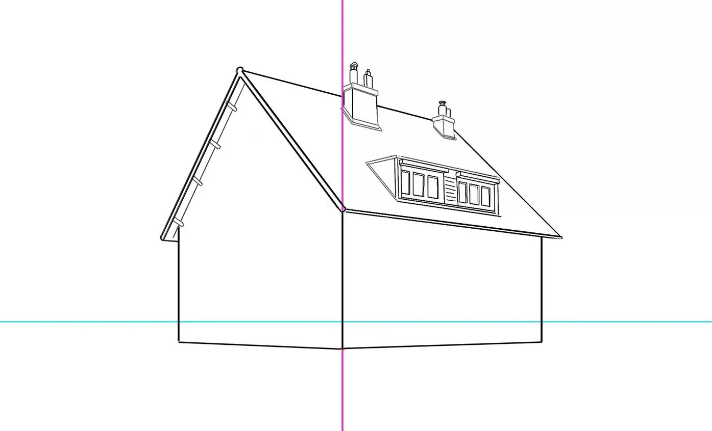 continuación del dibujo de las chimeneas y de las ventanas de una casa