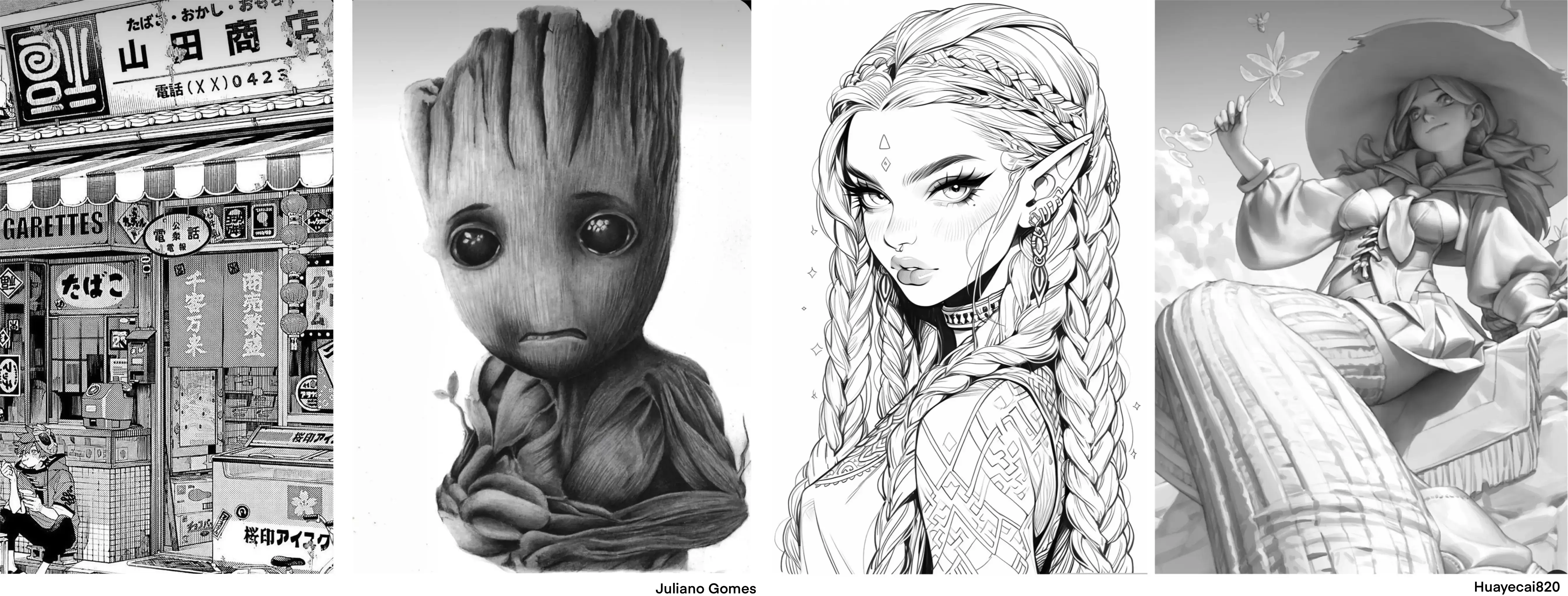 ejemplos de diferentes estilos gráficos para el dibujo en blanco y negro