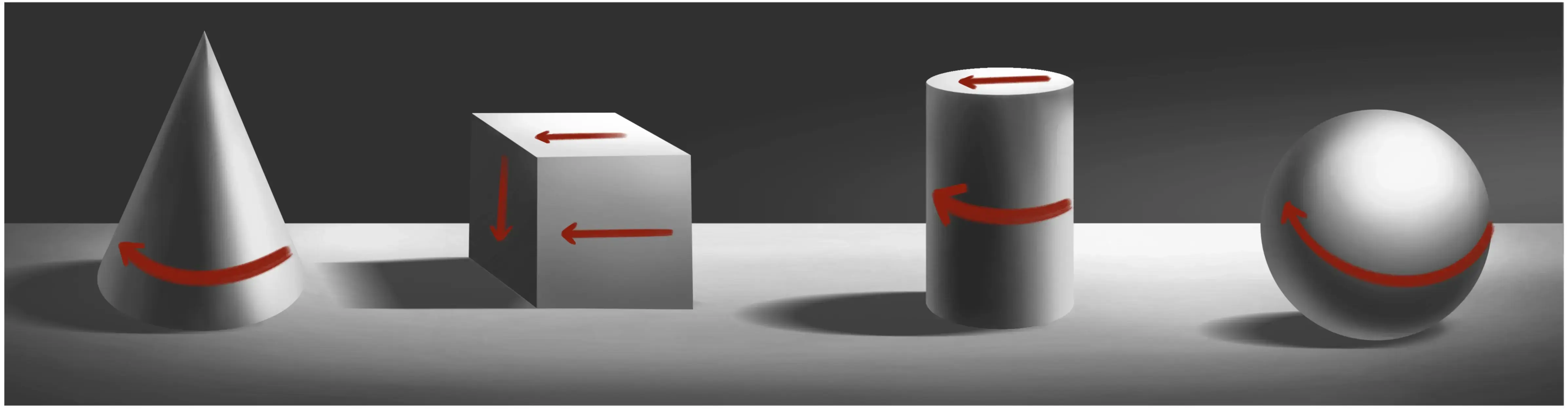 exemples de différents volumes illustrant l’ombre et la lumière