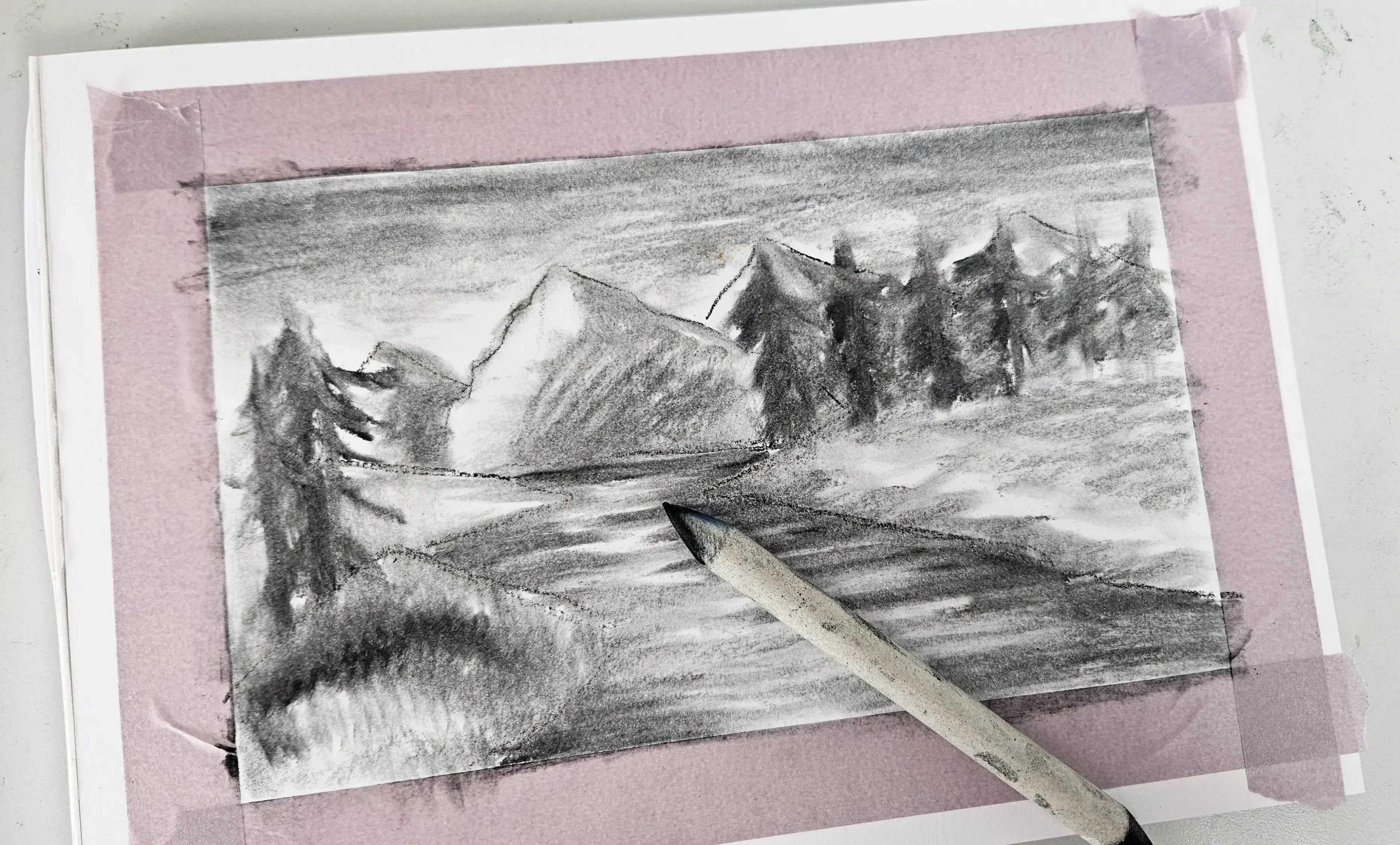 dessiner le ciel d’un paysage au fusain