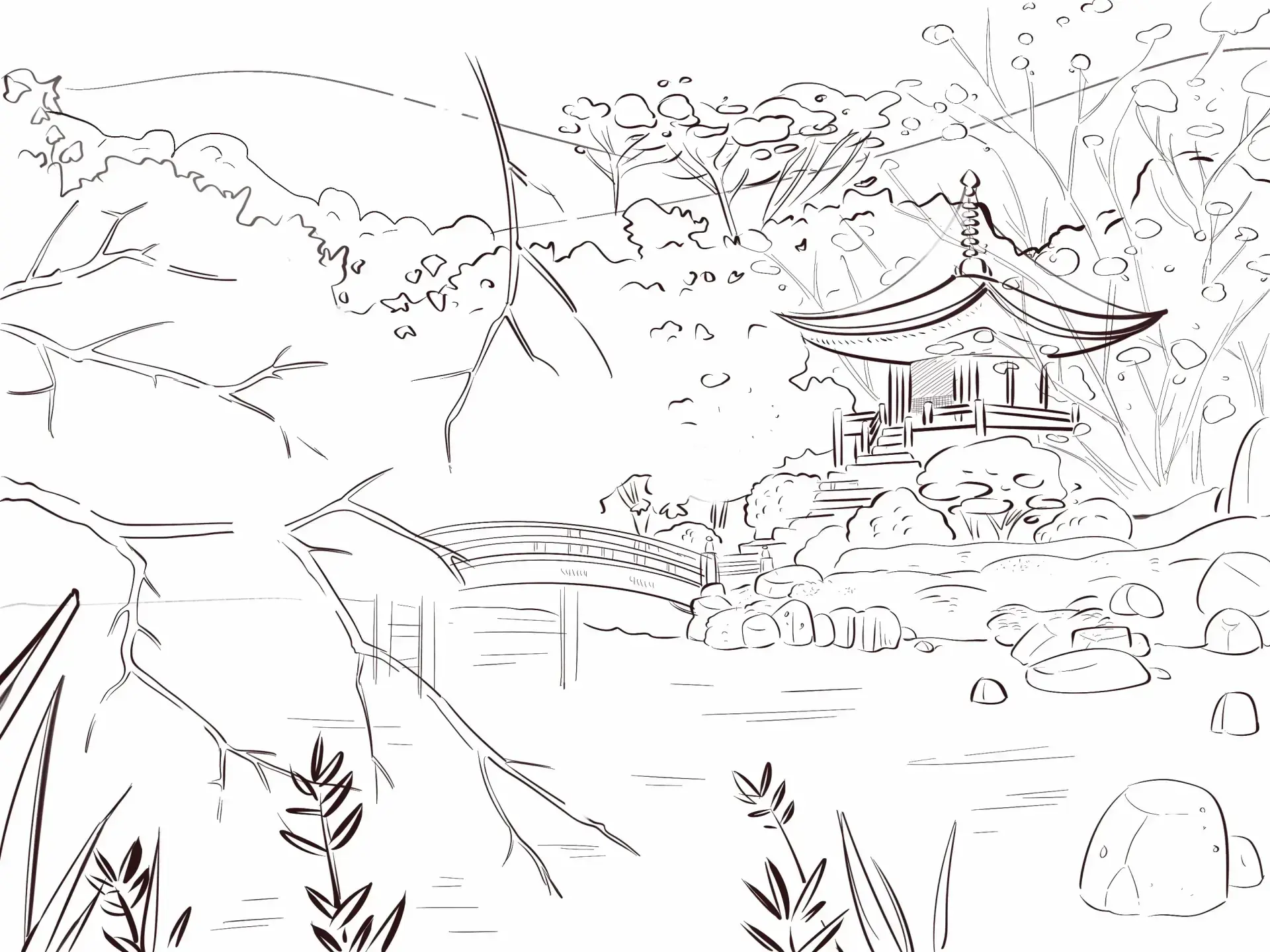 dessiner les details d’un paysage japonais