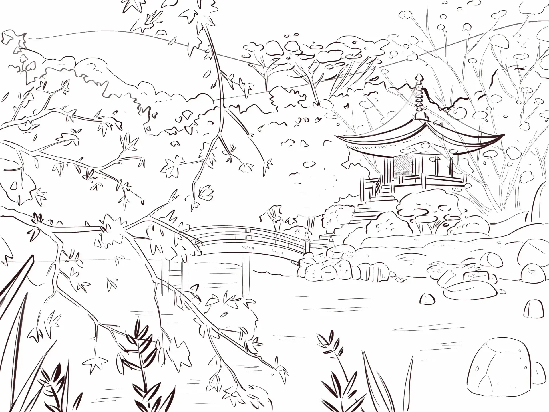 dessiner les feuilles d’un paysage japonais