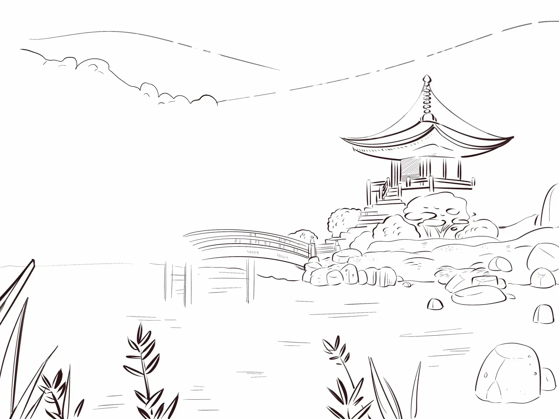 dessiner un pavillon dans un paysage japonais