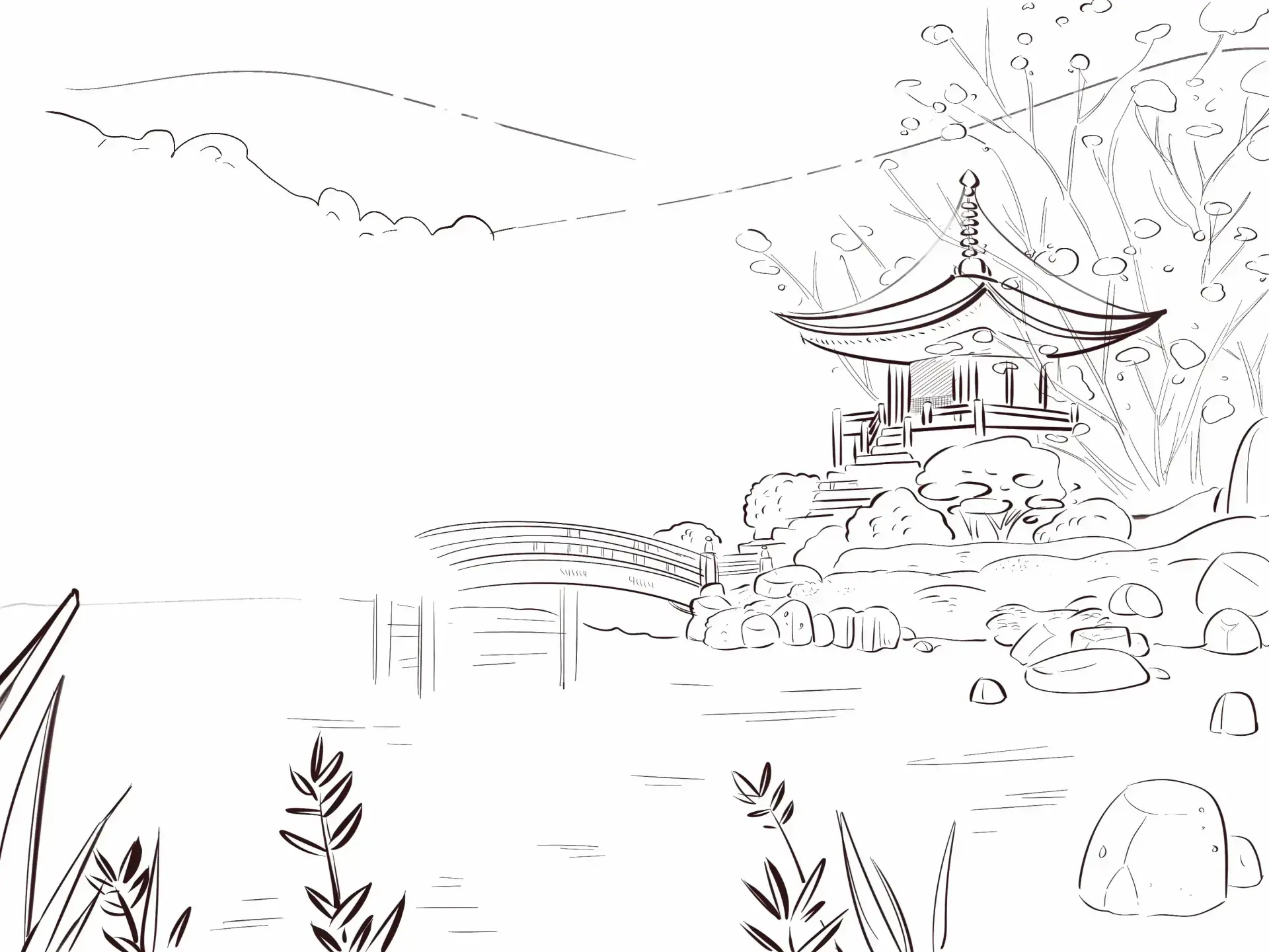 dessiner la végétation d’un paysage japonais