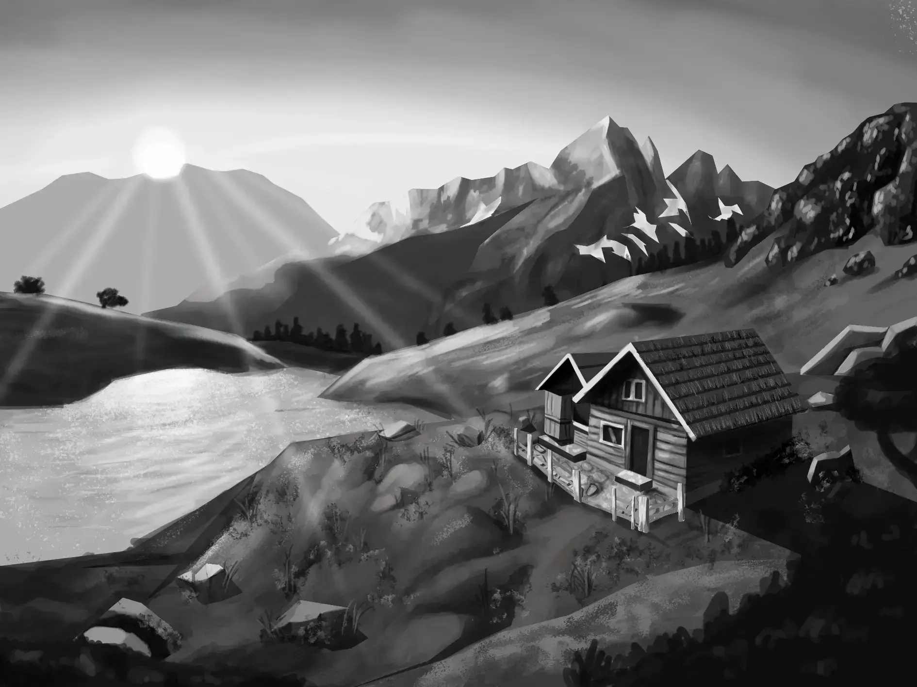 Dibujar un paisaje en blanco y negro