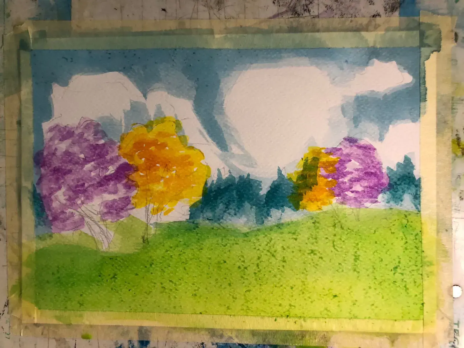 pintar los detalles de un paisaje primaveral en acuarela