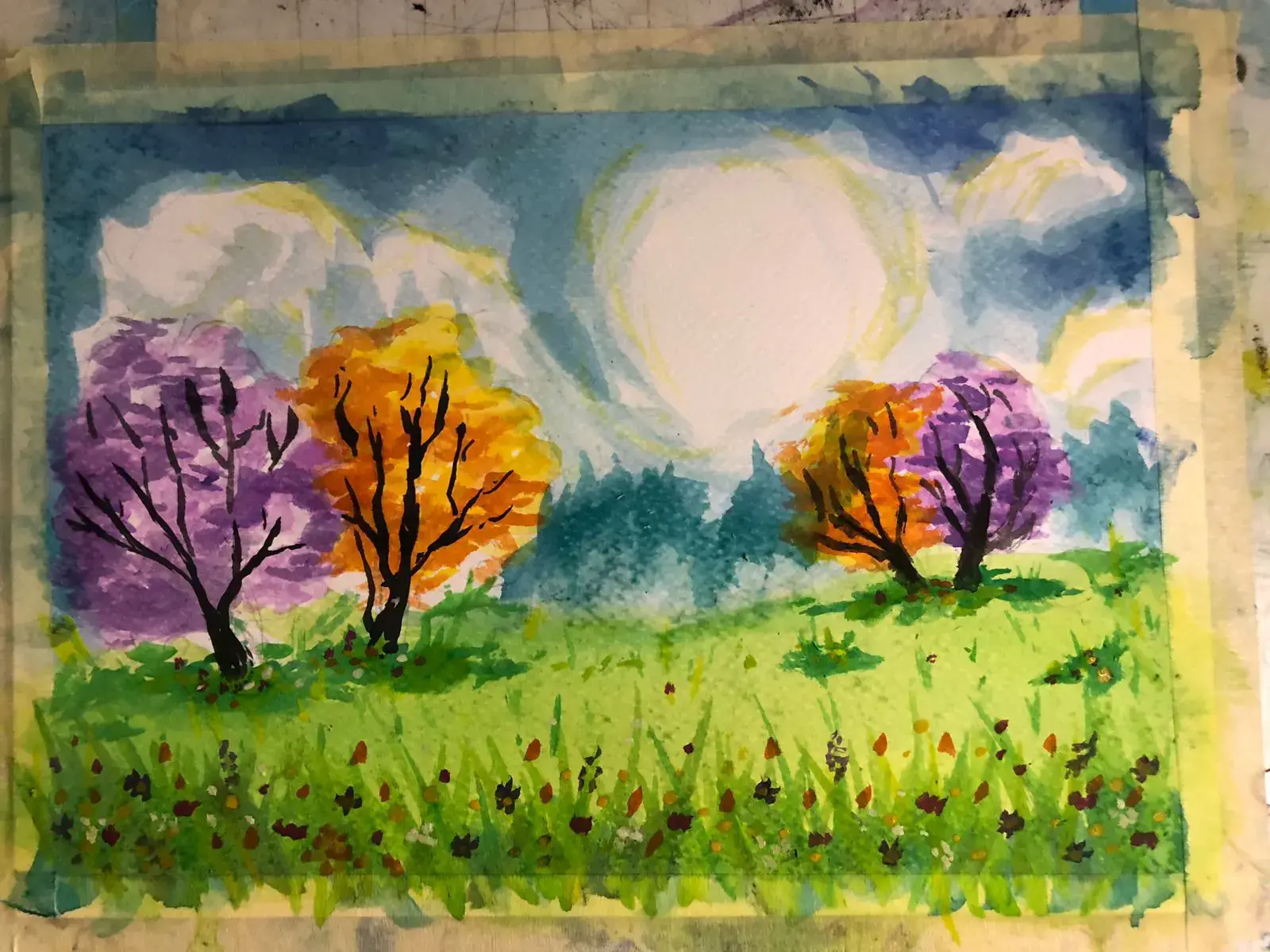 pintar las flores de un paisaje primaveral con acuarela