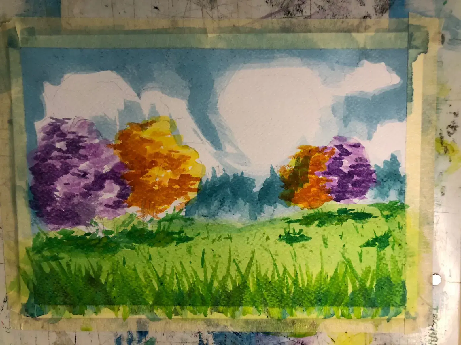 pintar las sombras de un paisaje primaveral con acuarela