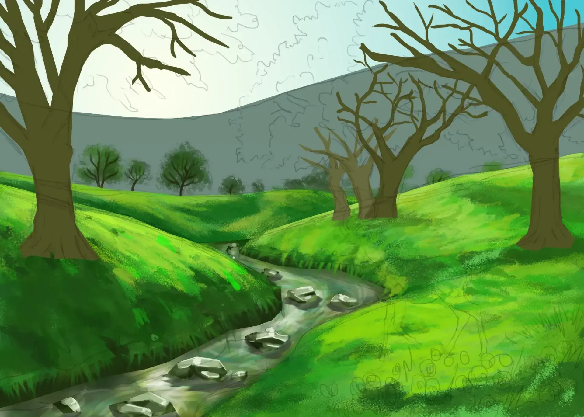 dessiner le ruisseau d’un paysage printanier