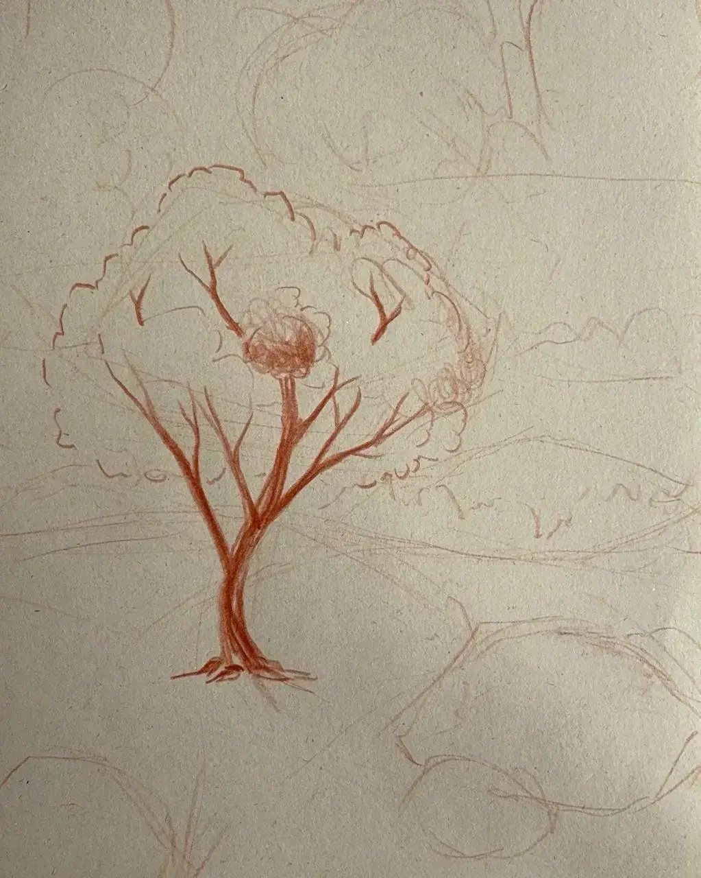 dessiner un arbre dans un paysage à la sanguine 