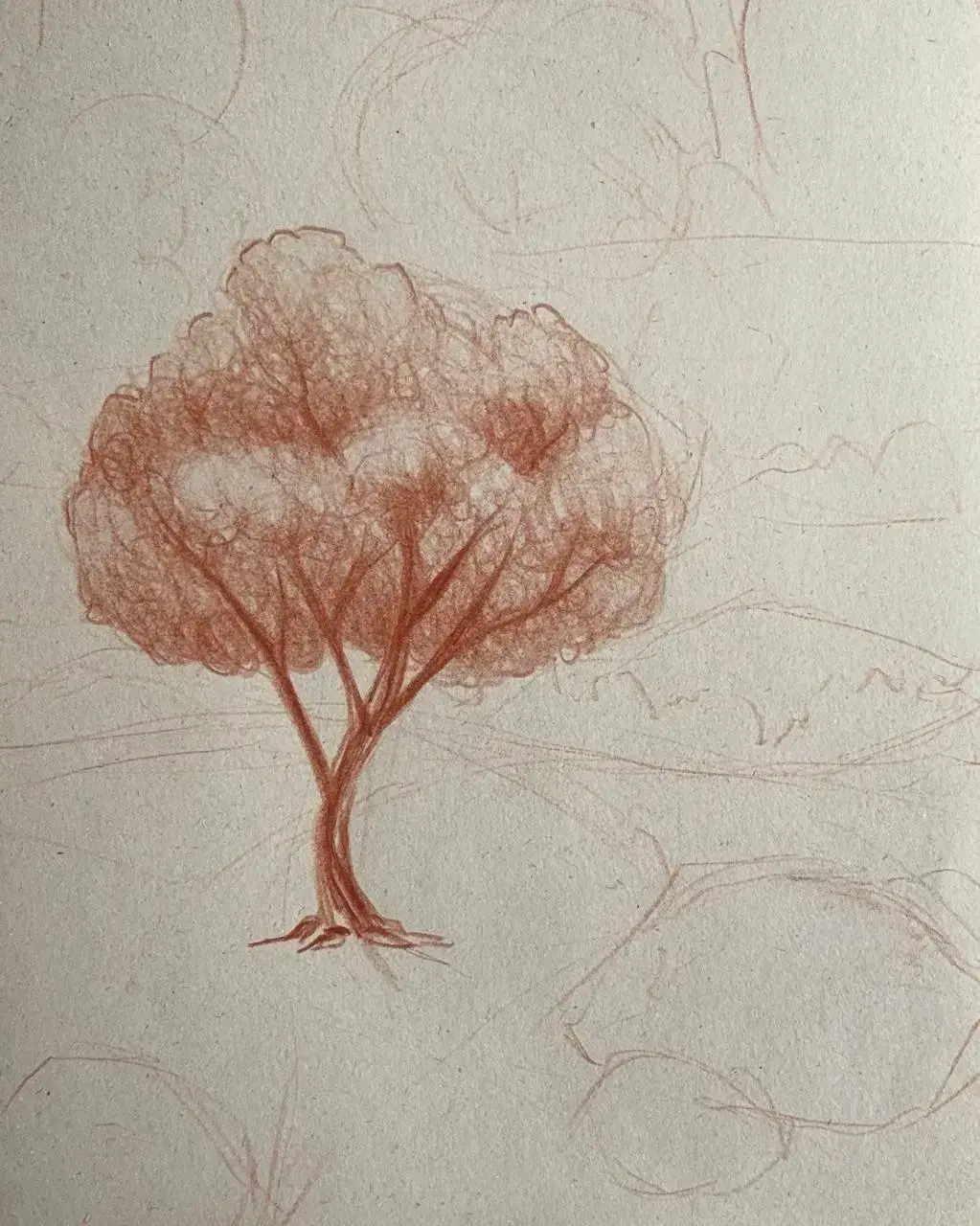 dessiner les feuilles d’un arbre dans un paysage à la sanguine 