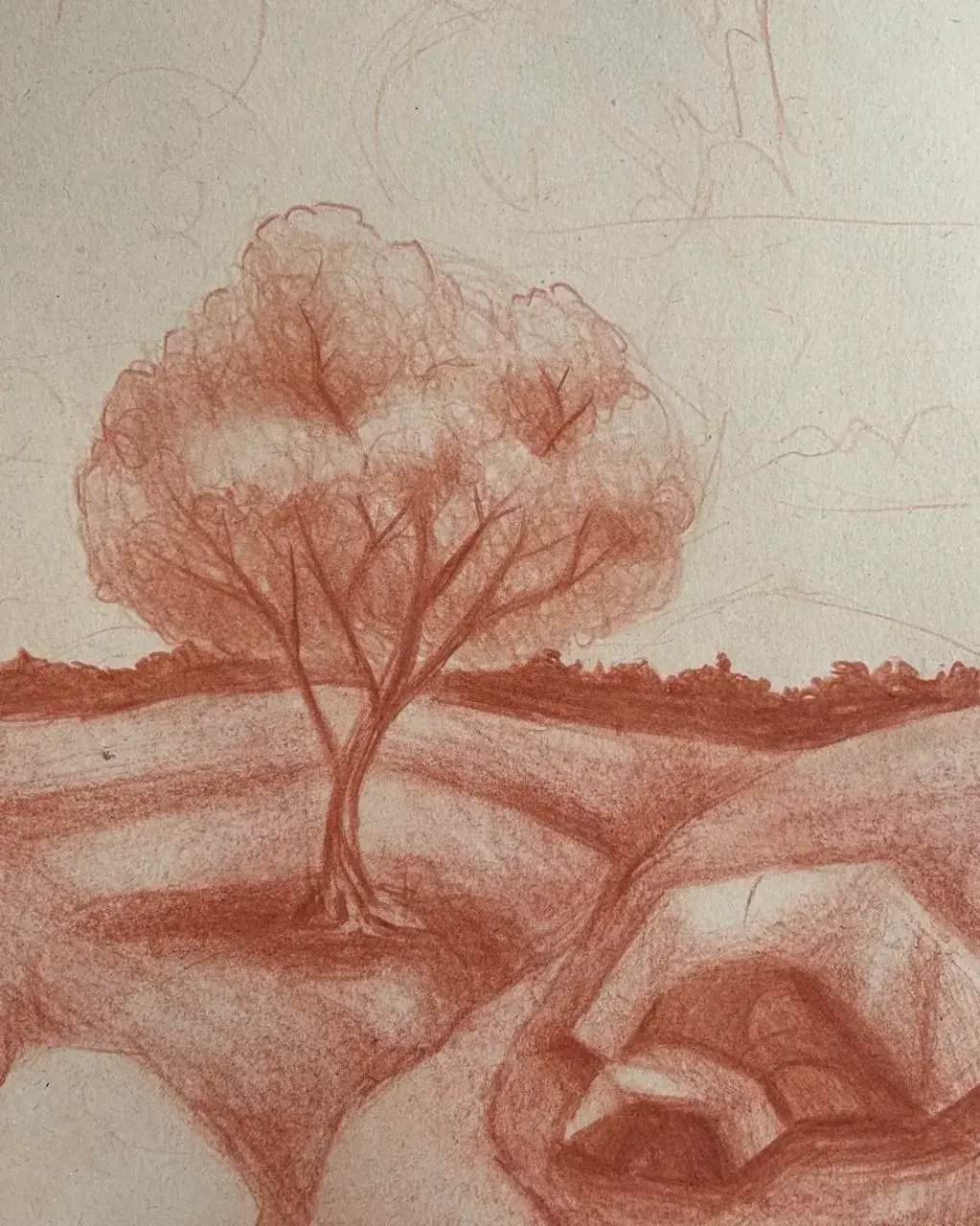 dessiner les ombres d’un paysage à la sanguine 
