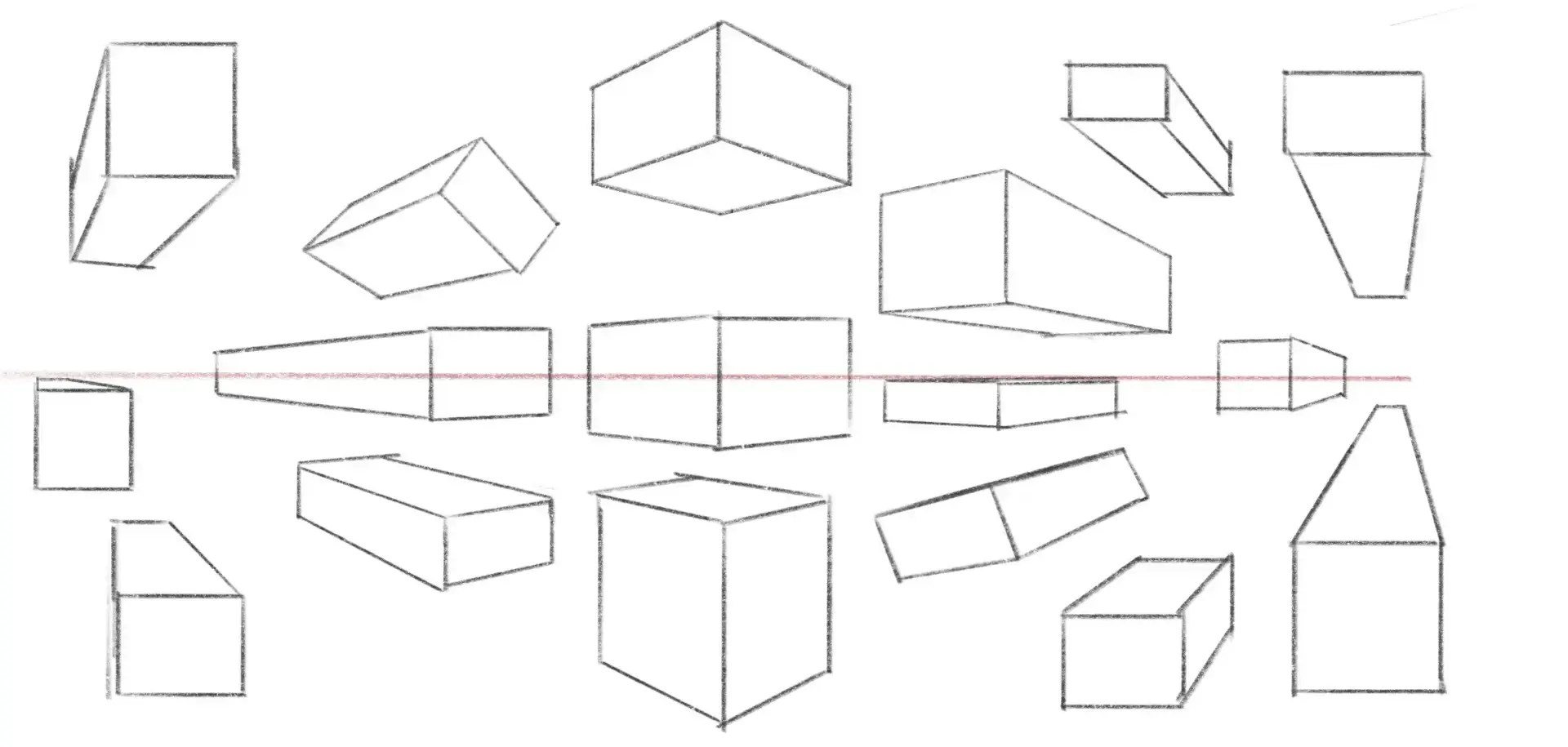 dessiner différents cubes avec une perspective à deux points de fuite