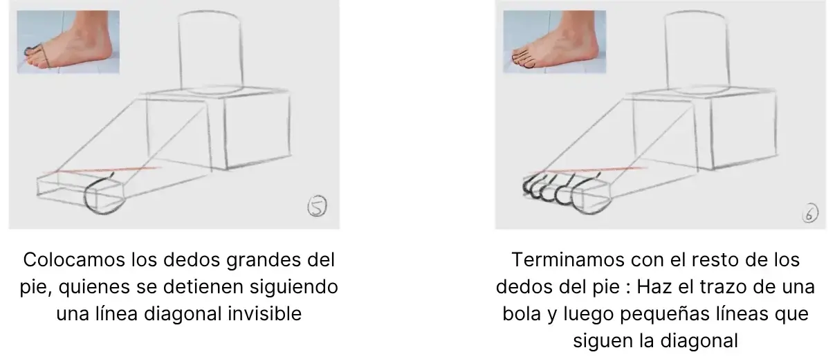 dibujar los dedos de un pie de tres cuartos