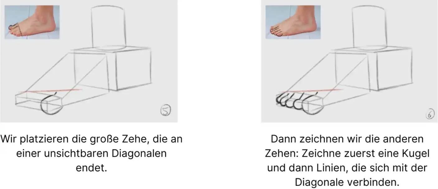zeichnet die Zehen eines Fußes aus einem Dreiviertelwinkel