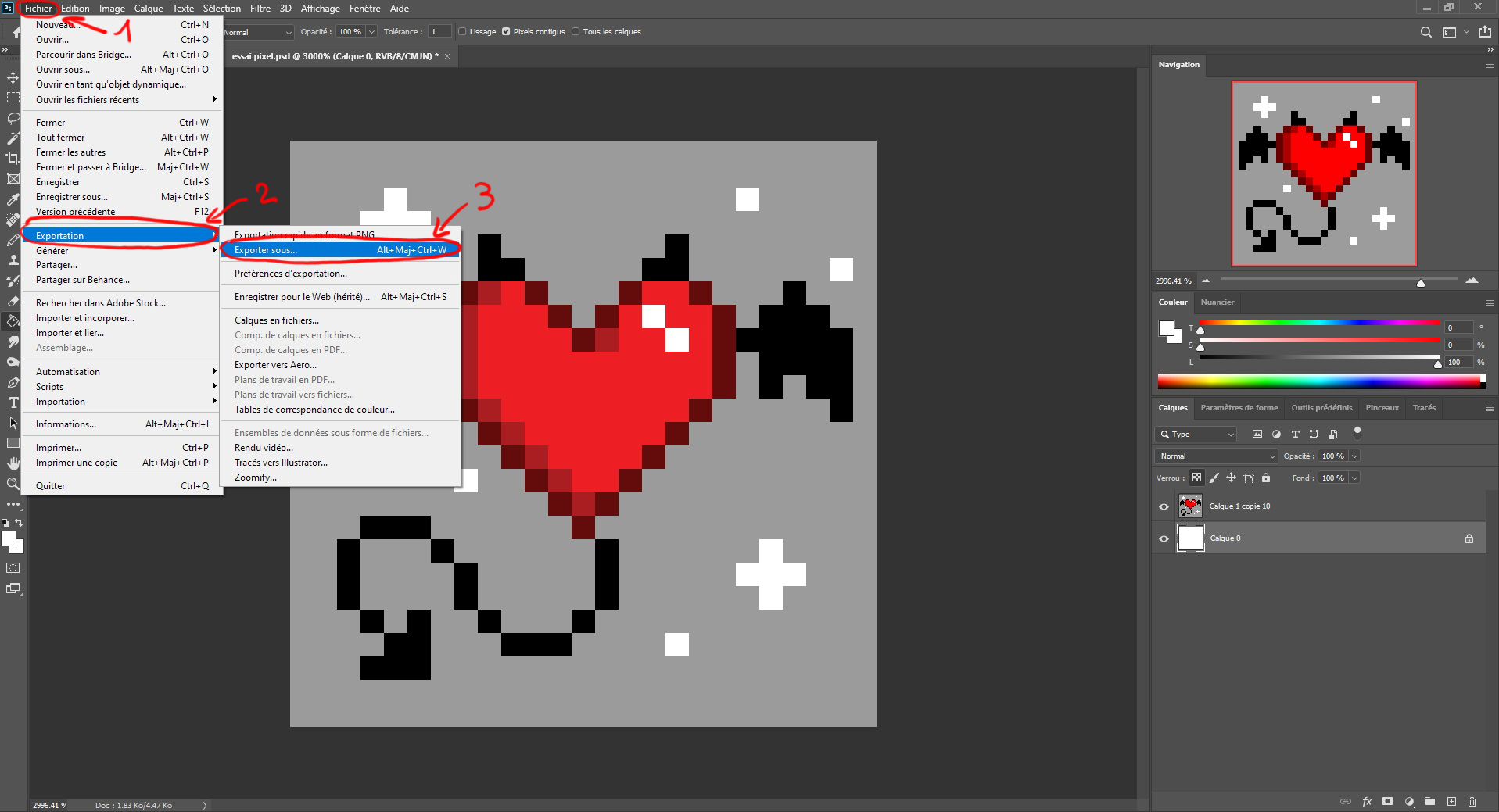 image showing how to export the pixel art heart drawing
