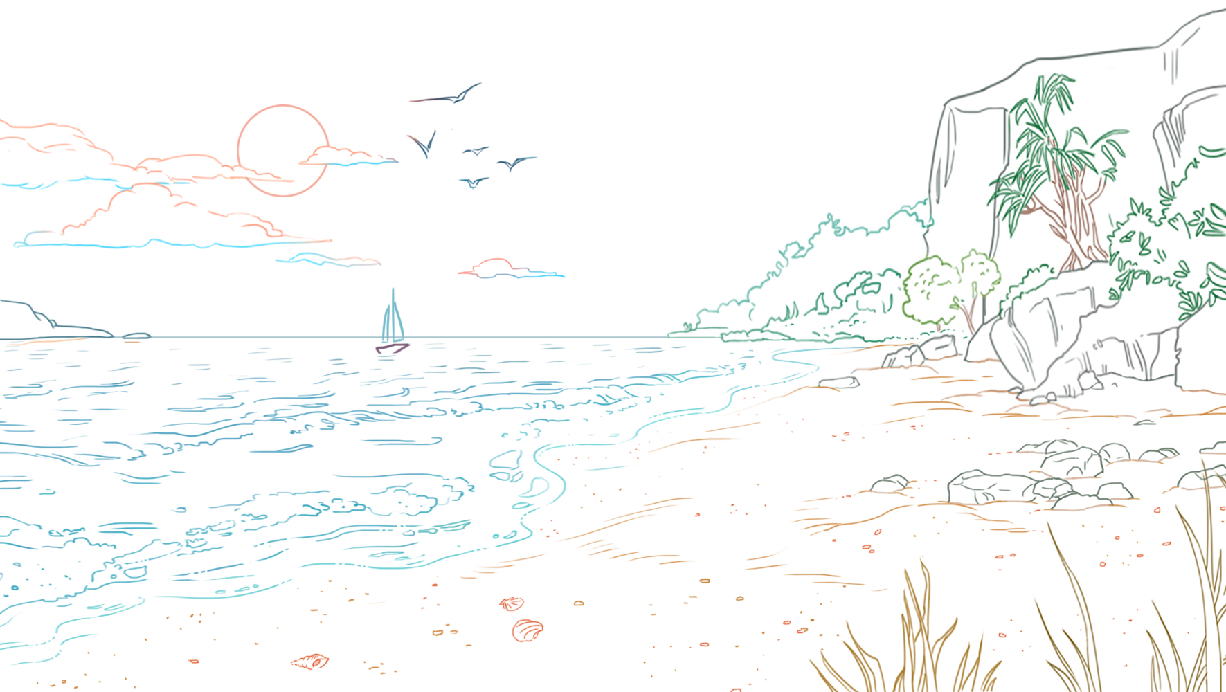dibujar el sol, las nubes y los pájaros