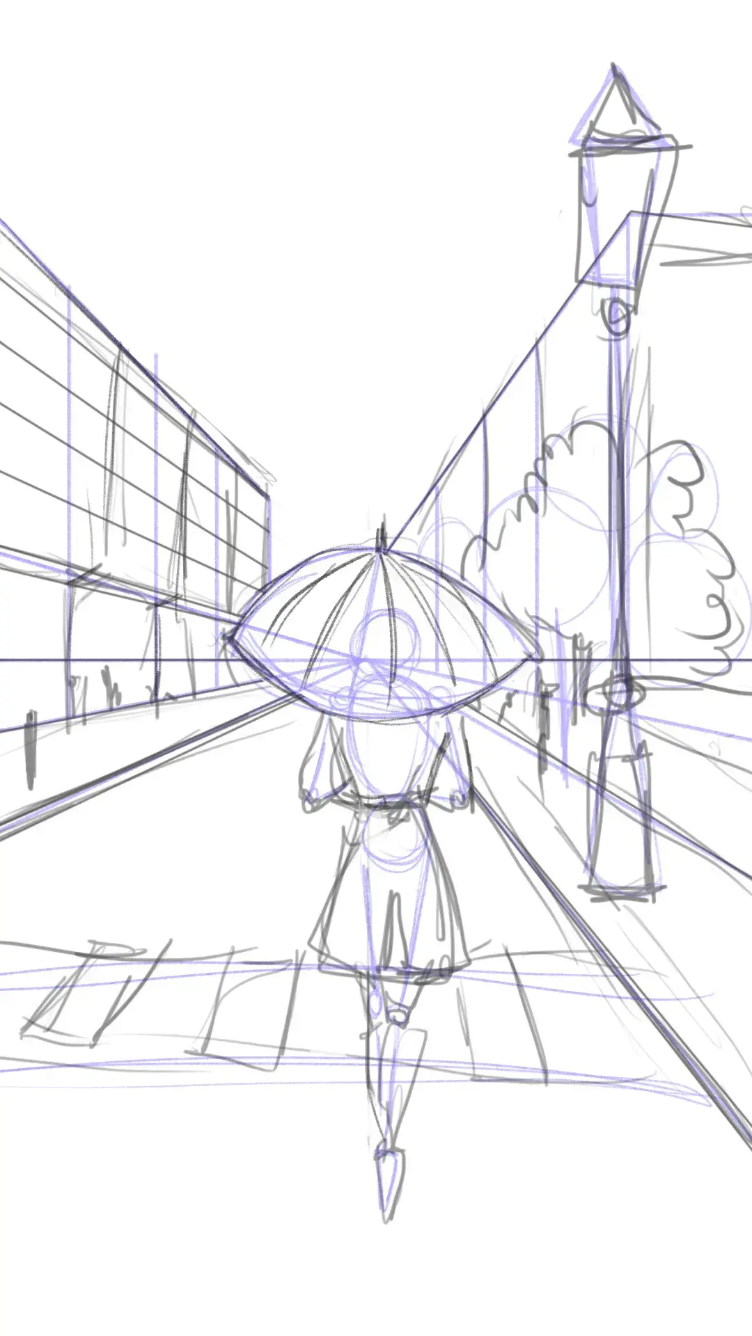 dessiner les formes personnage dans un paysage pluvieux
