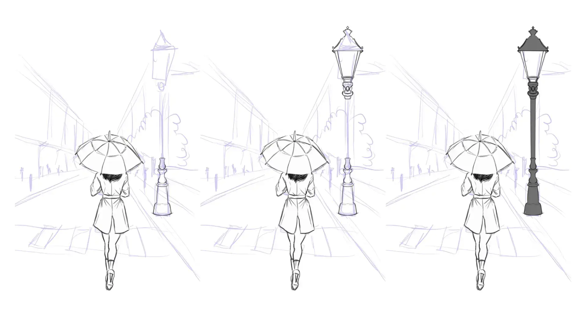 dessiner un lampadaire dans un paysage pluvieux