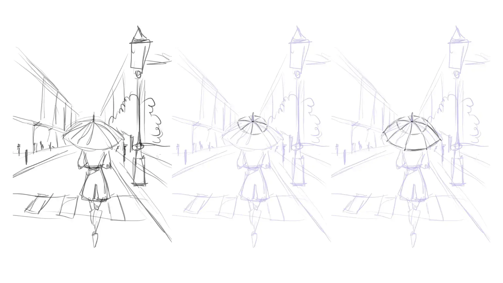dessiner un personnage avec un parapluie dans un paysage pluvieux
