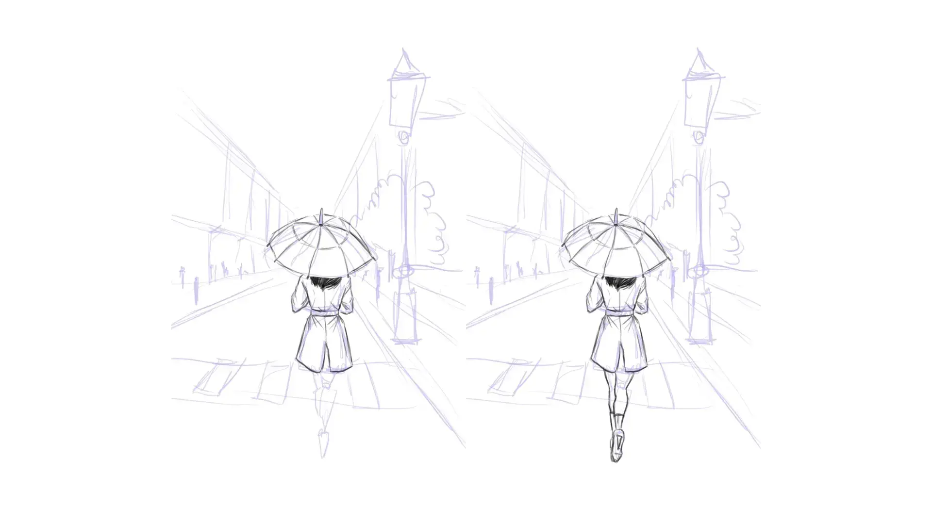 dessiner les vêtements d’un personnage dans un paysage pluvieux